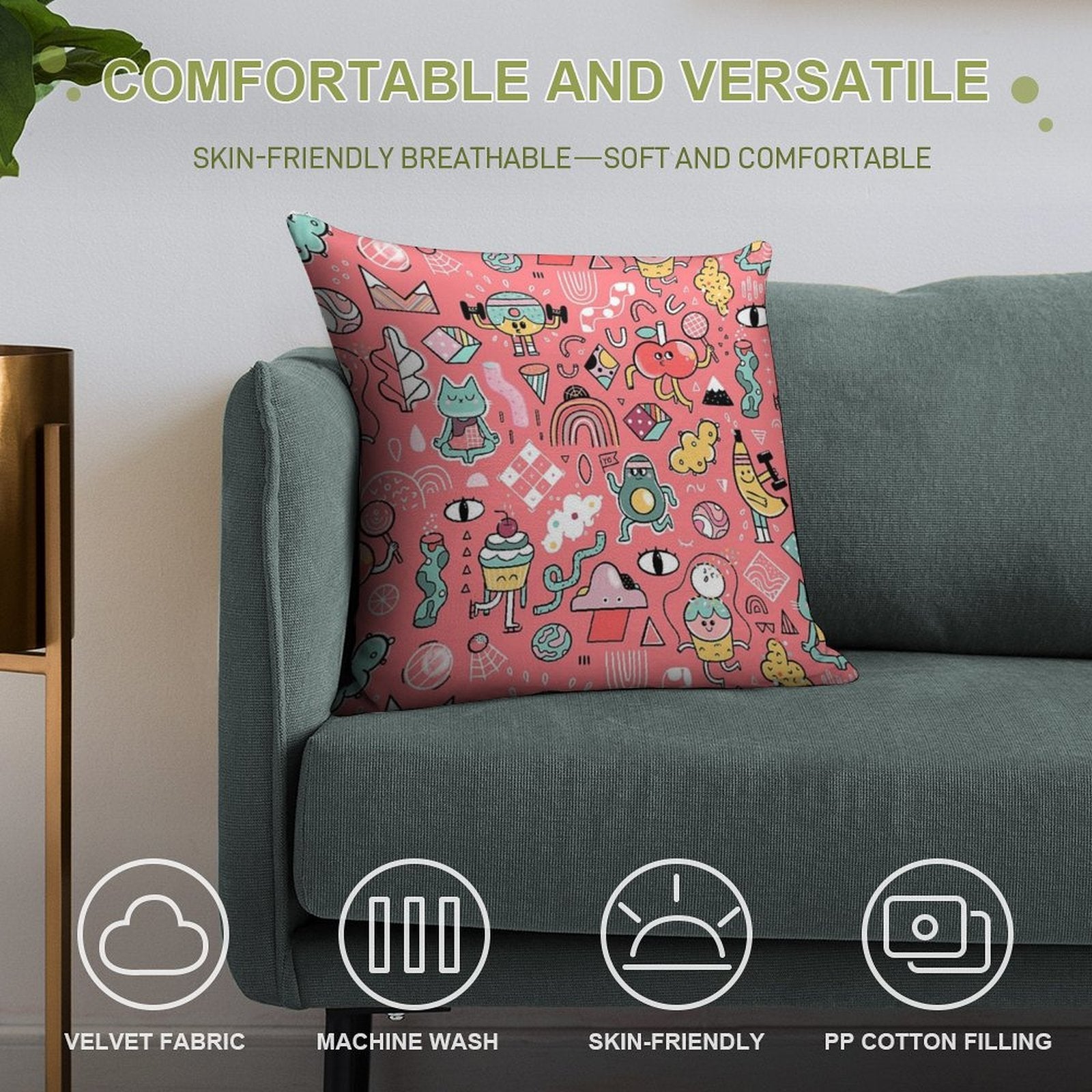 Funny Crazy Avocado, Banana, Ice Cream, Apple, Cat, Cupcake. Fitness Food. Soft Style Accent Throw Pillow