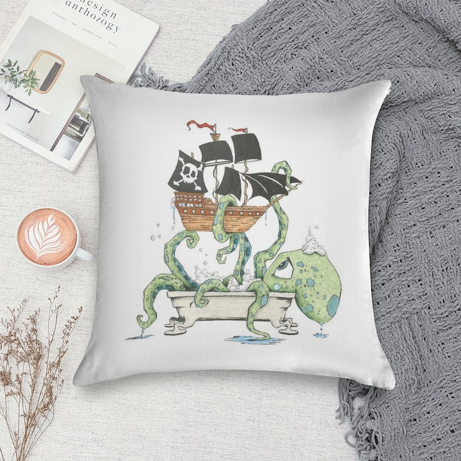 Kraken in The Tub Soft Durable Construction Throw Pillow