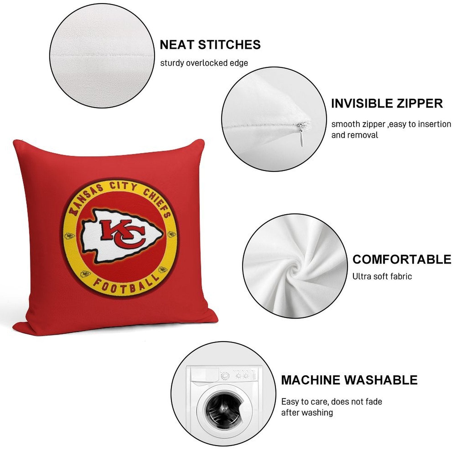 Chiefs-kansas Soft Hidden Zipper Throw Pillow