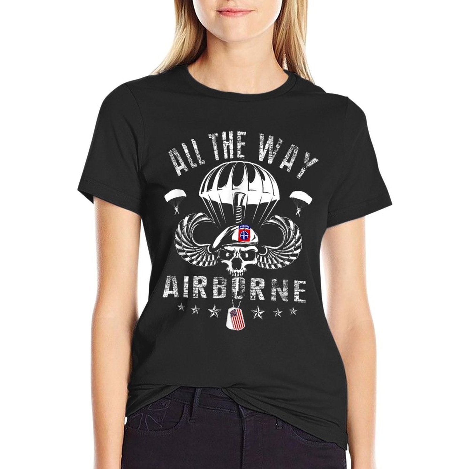 Vintage Army 82nd Airborne All The Way Skull Maroon Beret  Graphic-printed T-Shirt