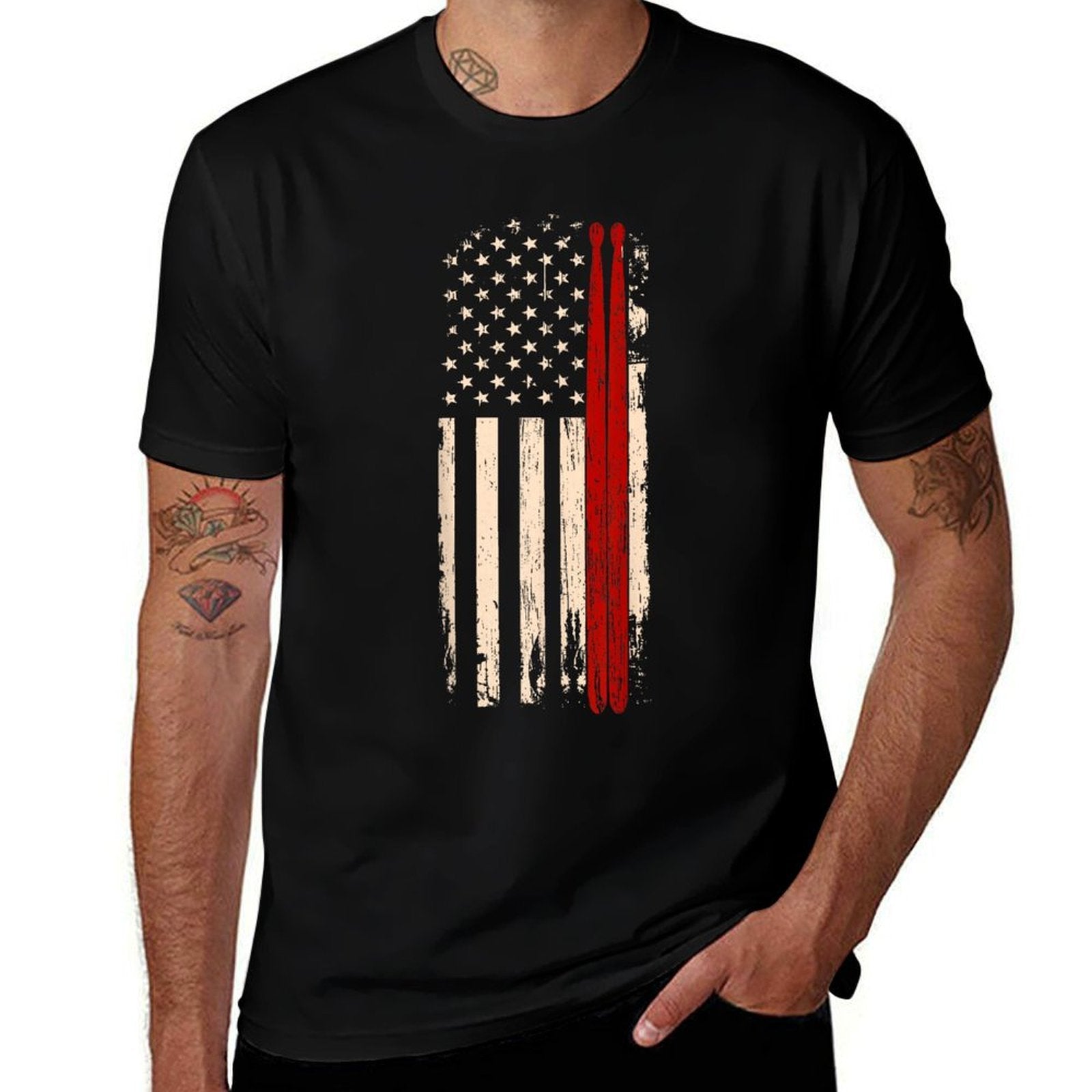 Vintage Drum Sticks American Funny Drummer Gift For Him  Stretchy T-Shirt