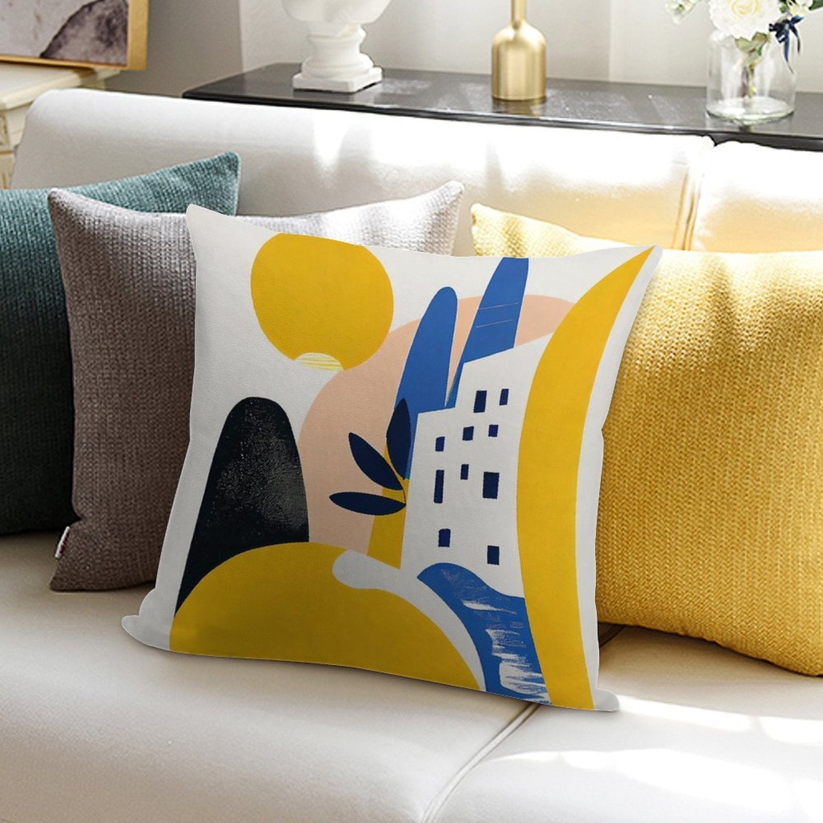 Abstract Mediterranean Desert City Yellow Blue Mid-Century Modern Boho Soft Fade-Resistant Throw Pillow