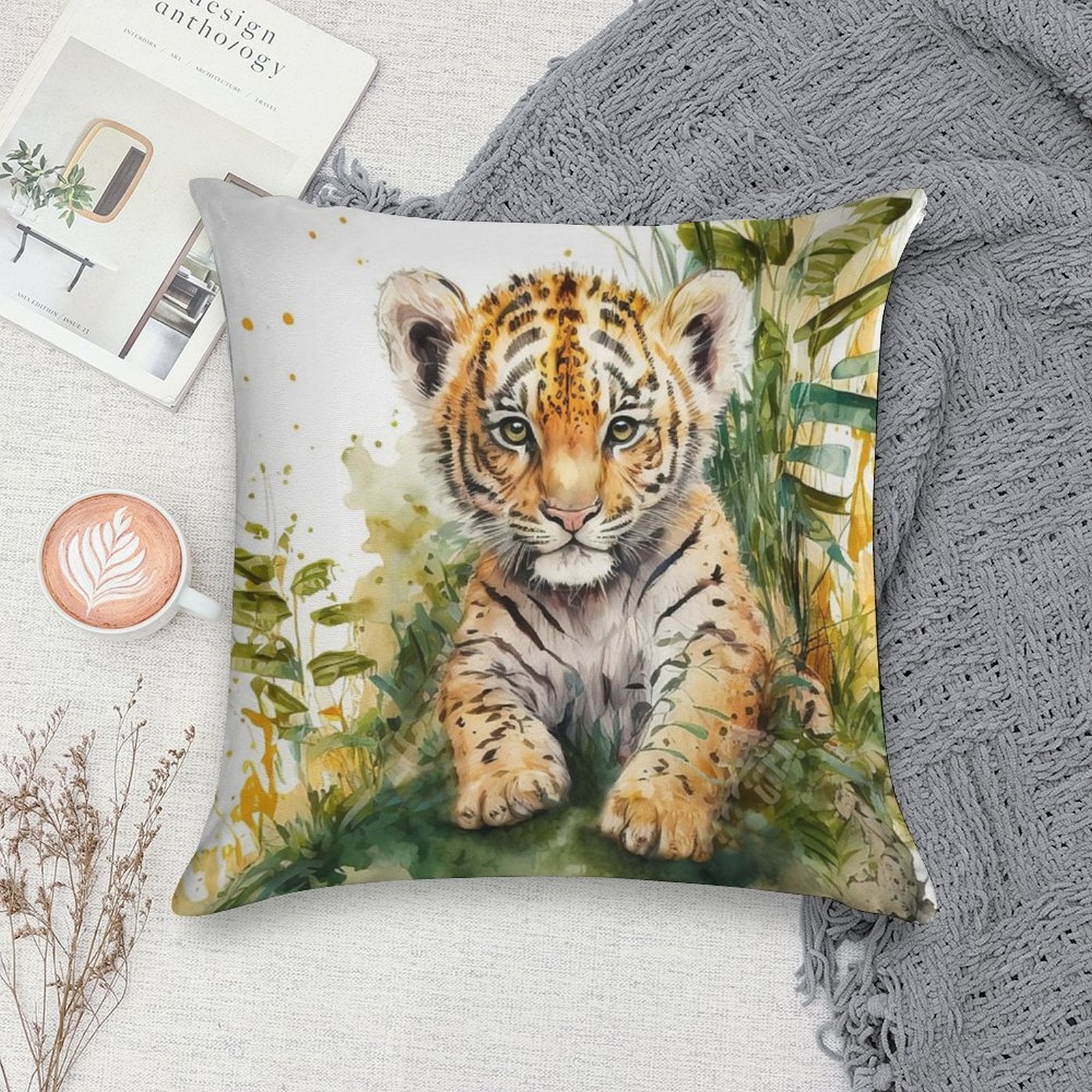 Watercolor Cute Baby Tiger Portrait, Little Tiger Cub in A Jungle Soft Warmth Comfort Throw Pillow