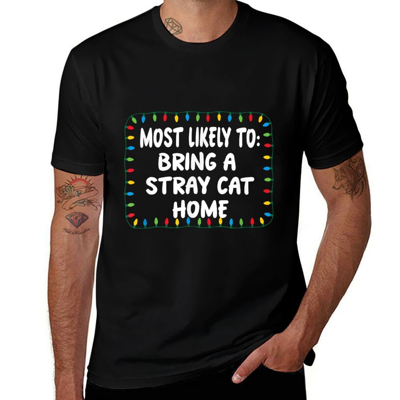 Most Likely To Bring A Stray Cat Home - Funny Xmas Lights  Ribbed Collar T-Shirt