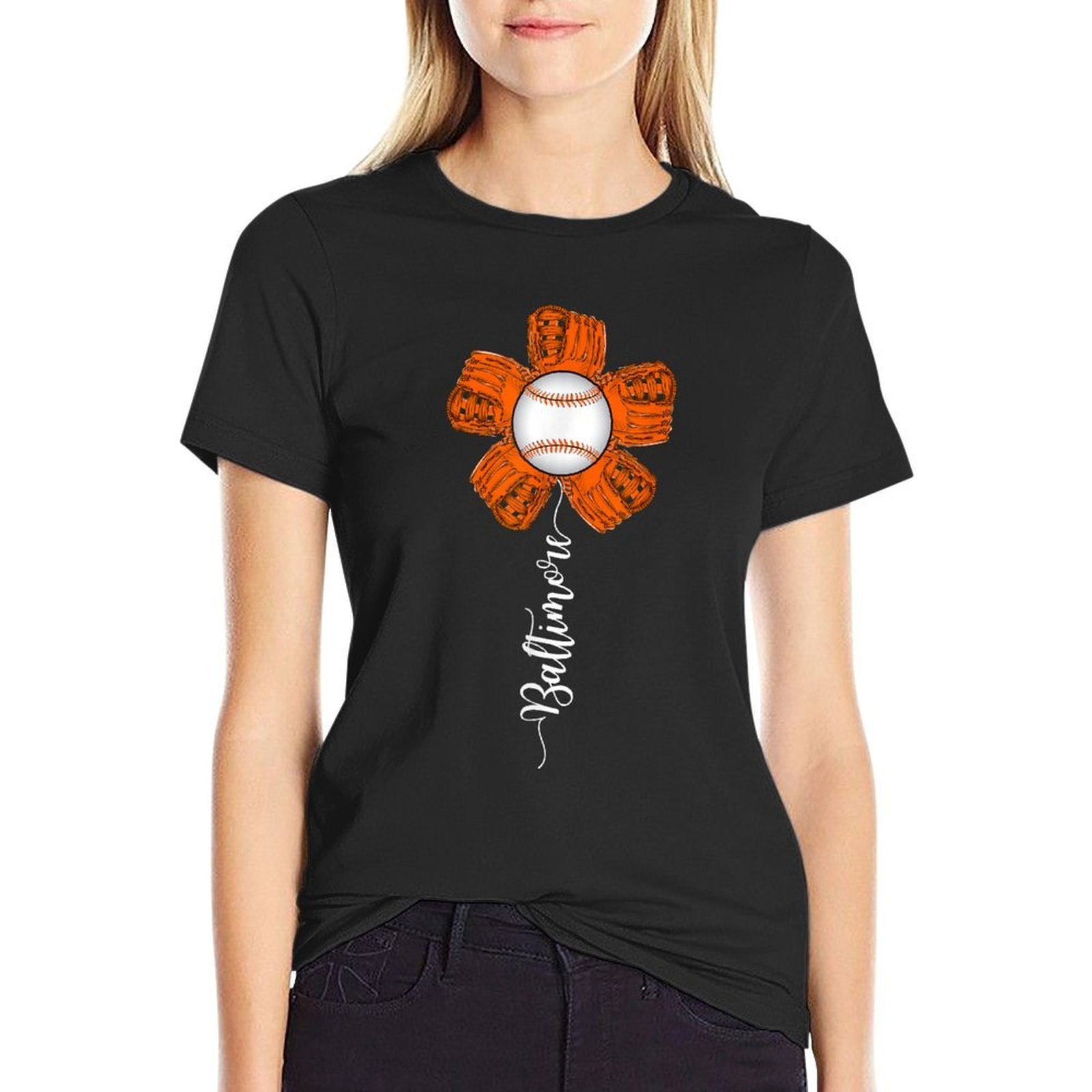Baltimore Cute Flower Baseball Lover Player And Fans  Eco-friendly Material T-Shirt