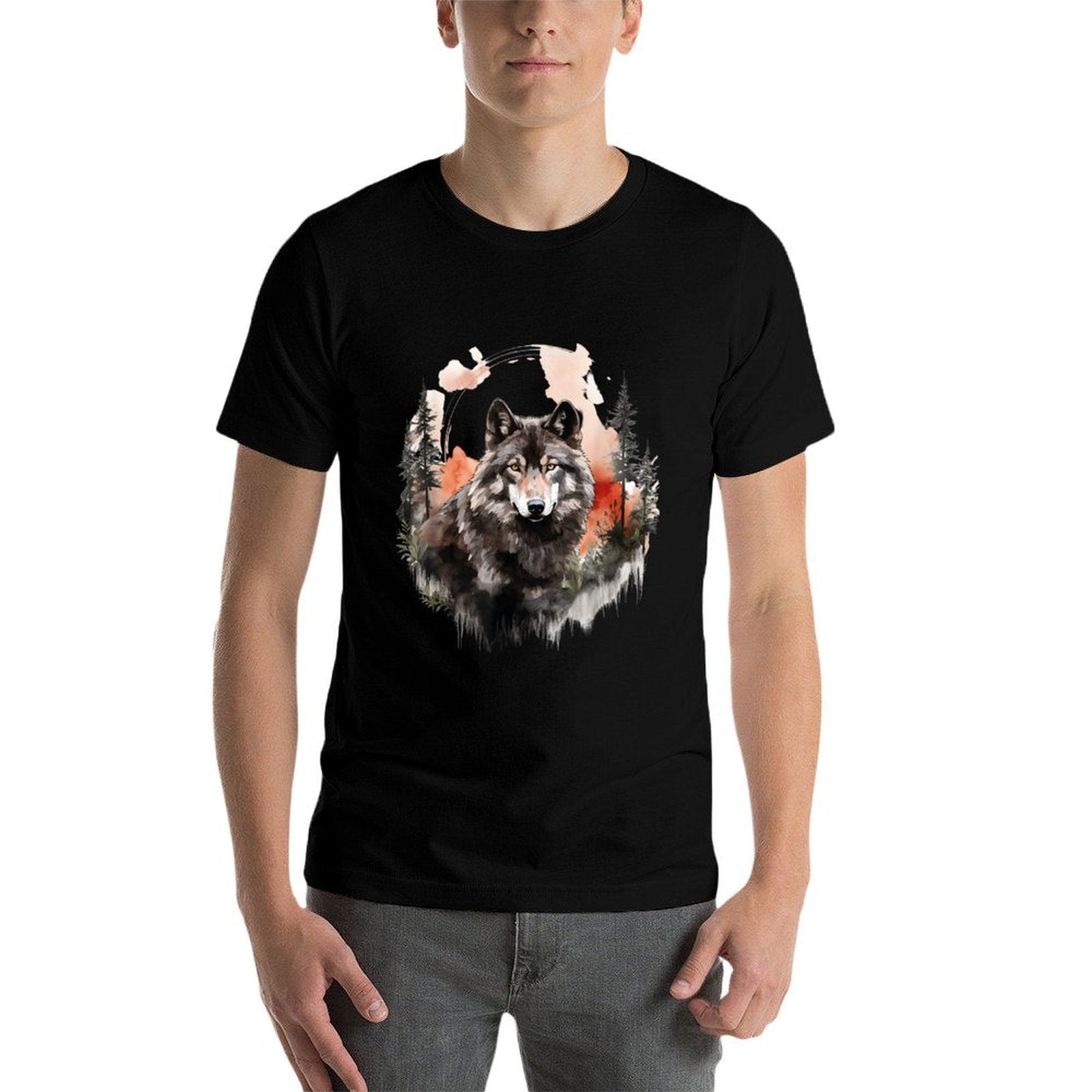 Wolf Splash Art Animal Face Forest Landscape Wolf  Quick-drying T-Shirt