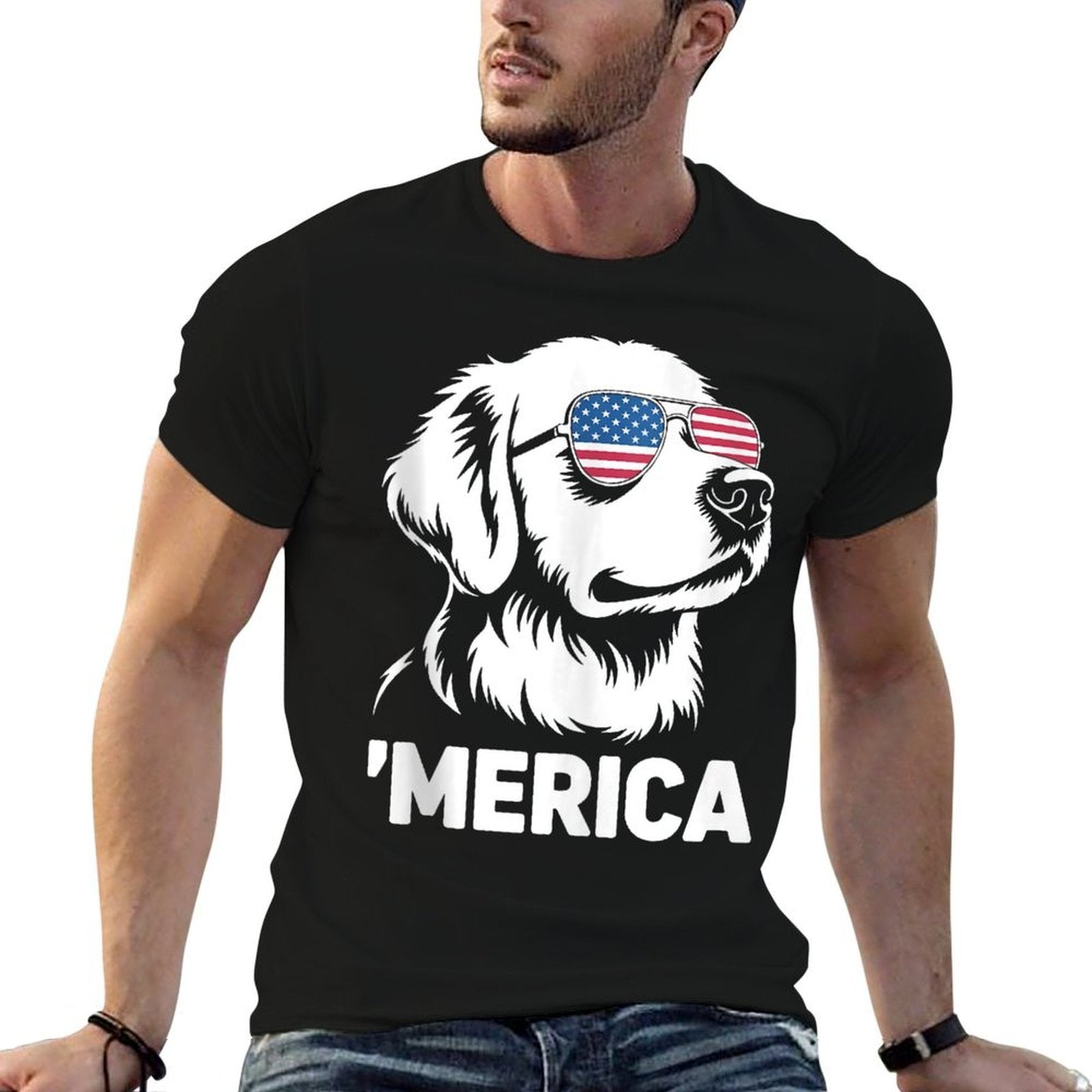Golden Retriever 4th Of July Merica  Cotton T-Shirt