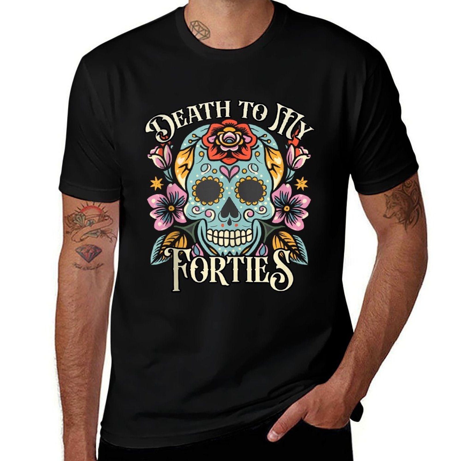 Death To My Forties RIP 40s Floral Skull 50th Birthday  Summer-ready Fabric T-Shirt