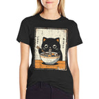 Japanese Black Cat Ramen Kawaii Noodles Art Women Girls Kids  Eco-friendly Material T-Shirt