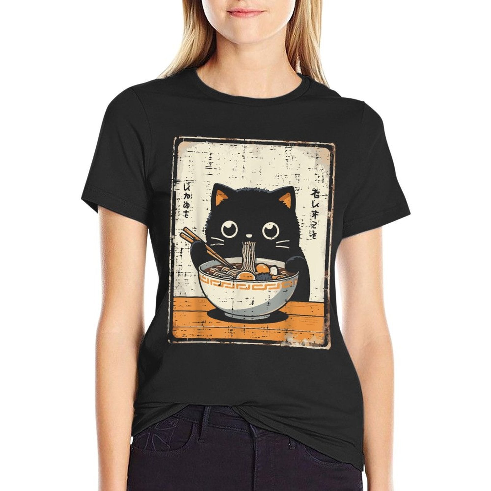 Japanese Black Cat Ramen Kawaii Noodles Art Women Girls Kids  Eco-friendly Material T-Shirt
