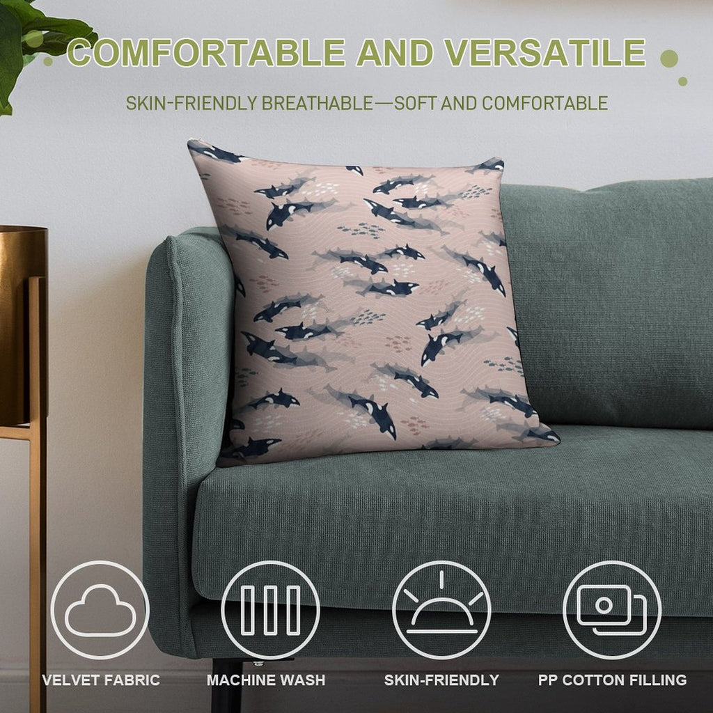 Orca in Motion  Blush Ocean Pattern Soft Hidden Zipper Throw Pillow