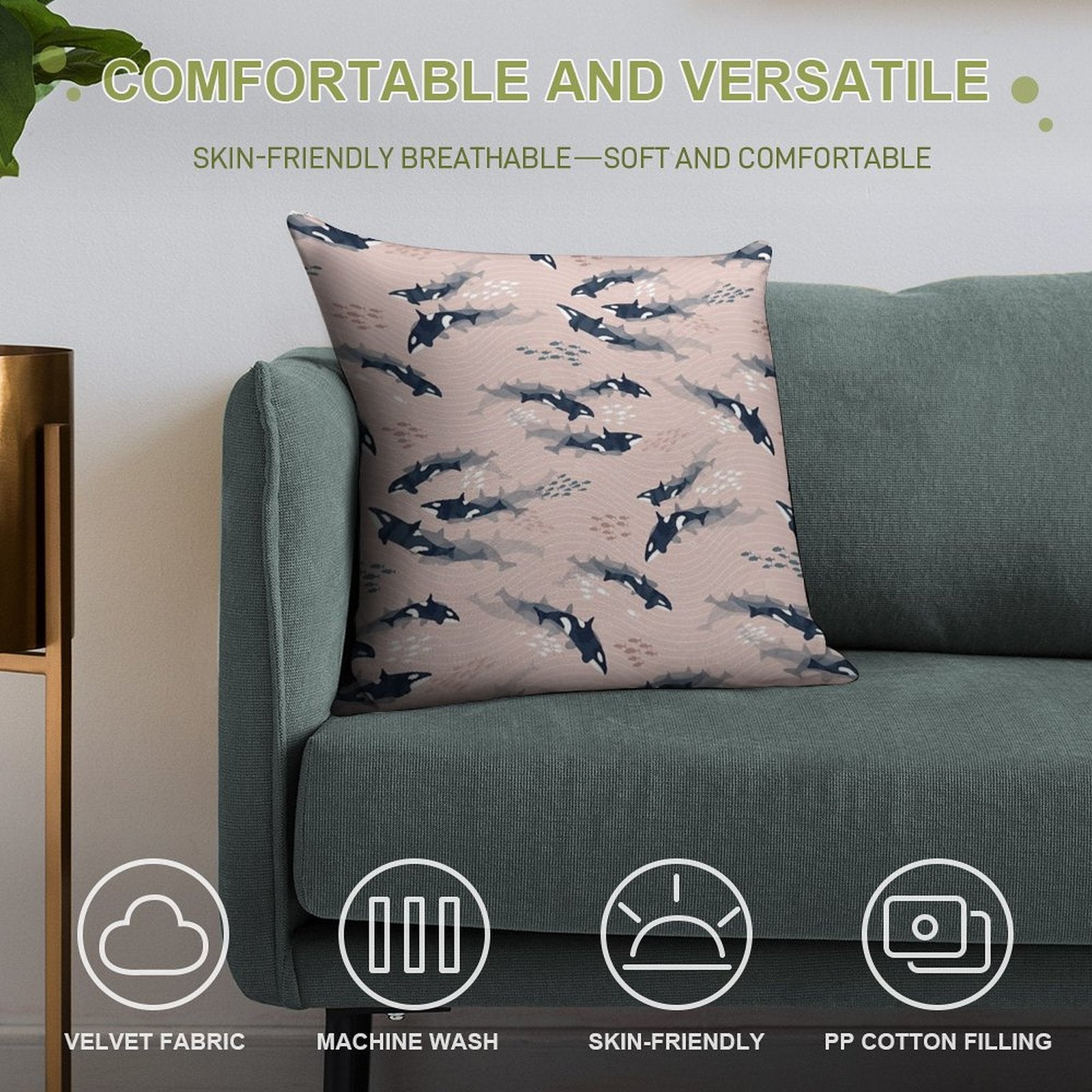 Orca in Motion  Blush Ocean Pattern Soft Hidden Zipper Throw Pillow