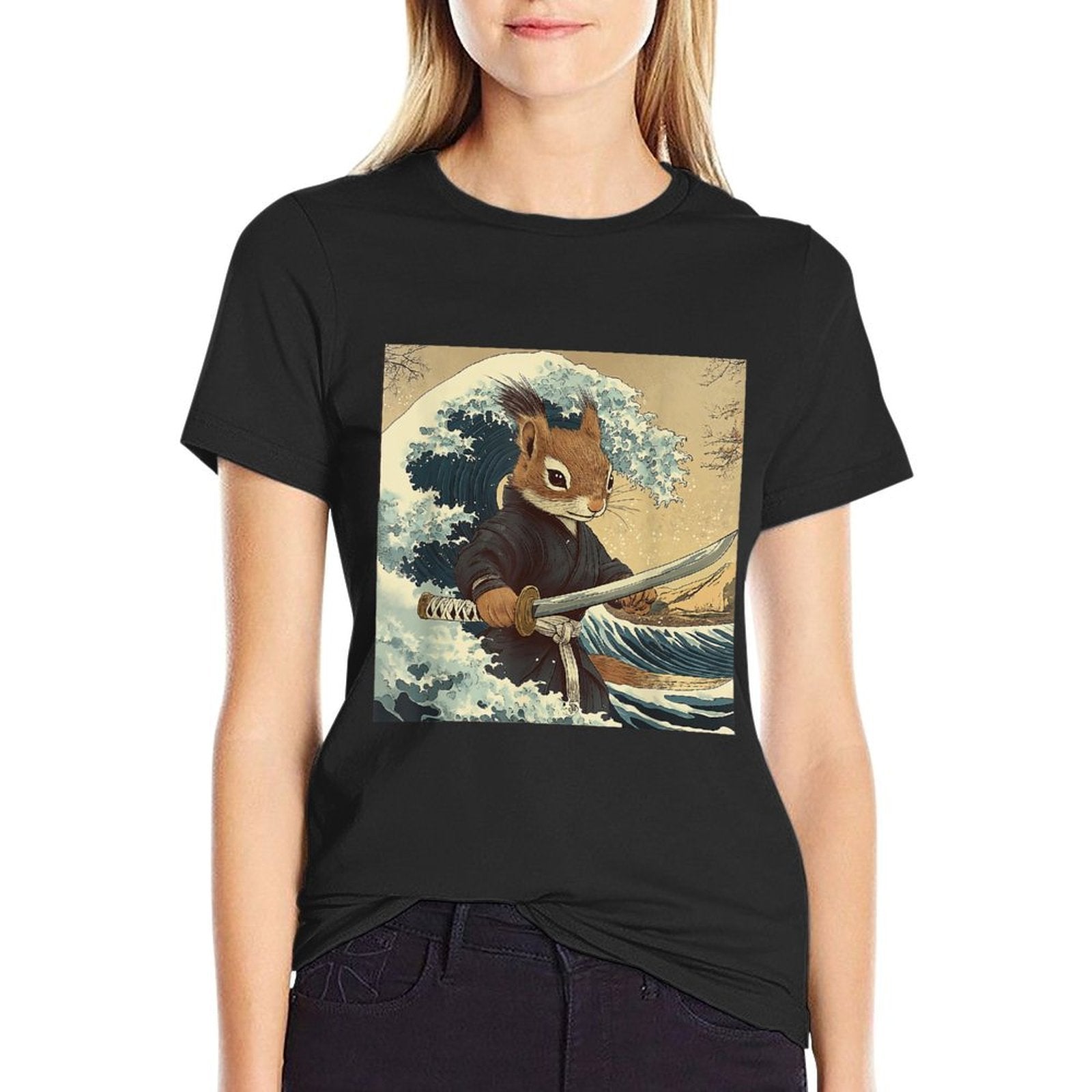 Squirrel Samurai Warrior Vintage Japanese Art Anime  Cotton T-Shirt