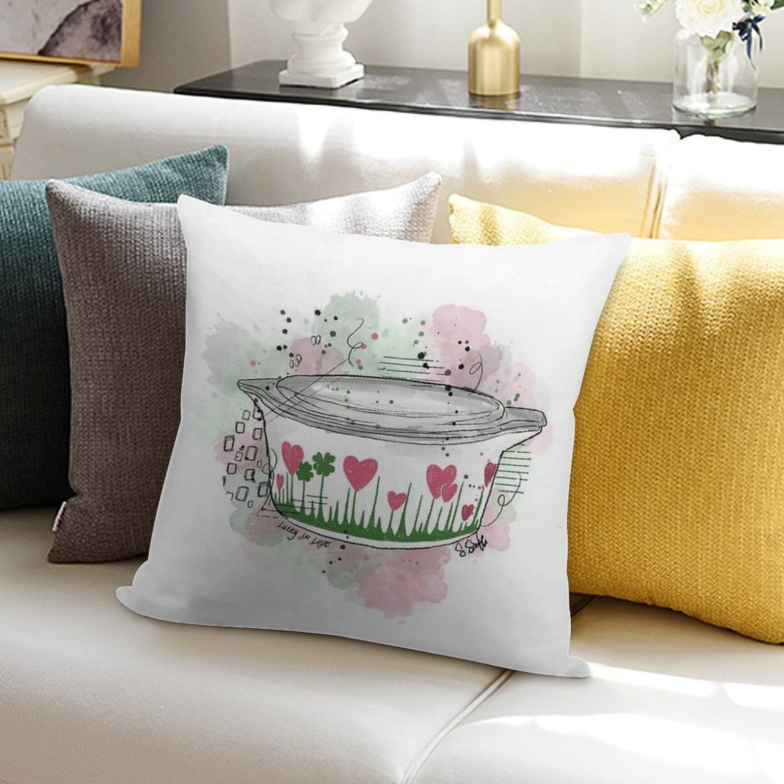 Vintage Pyrex Lucky In Love Bowl Soft Reinforced Edging Throw Pillow