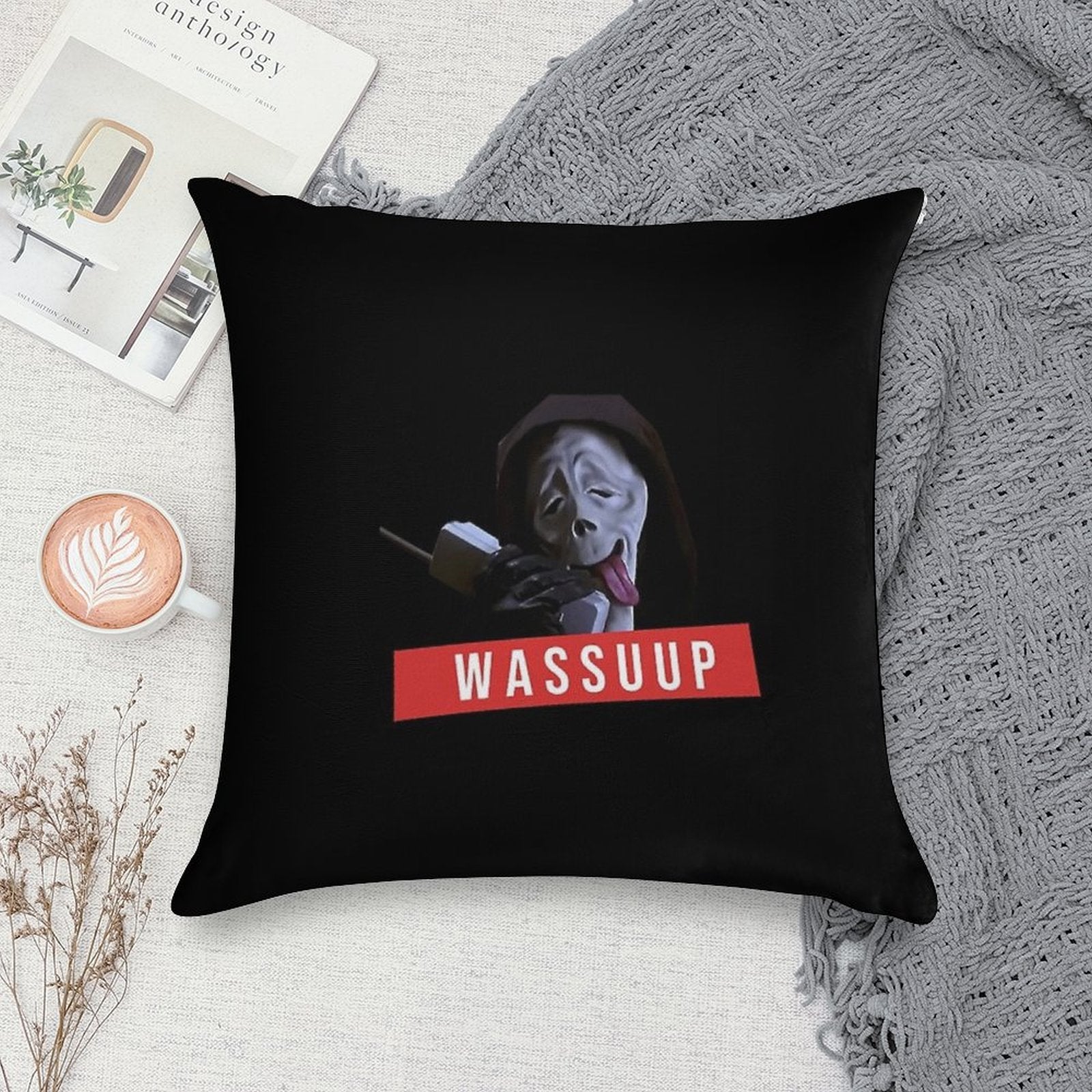 Wassup Scream Scary Movie Fun Soft Short Plush Fabric Throw Pillow