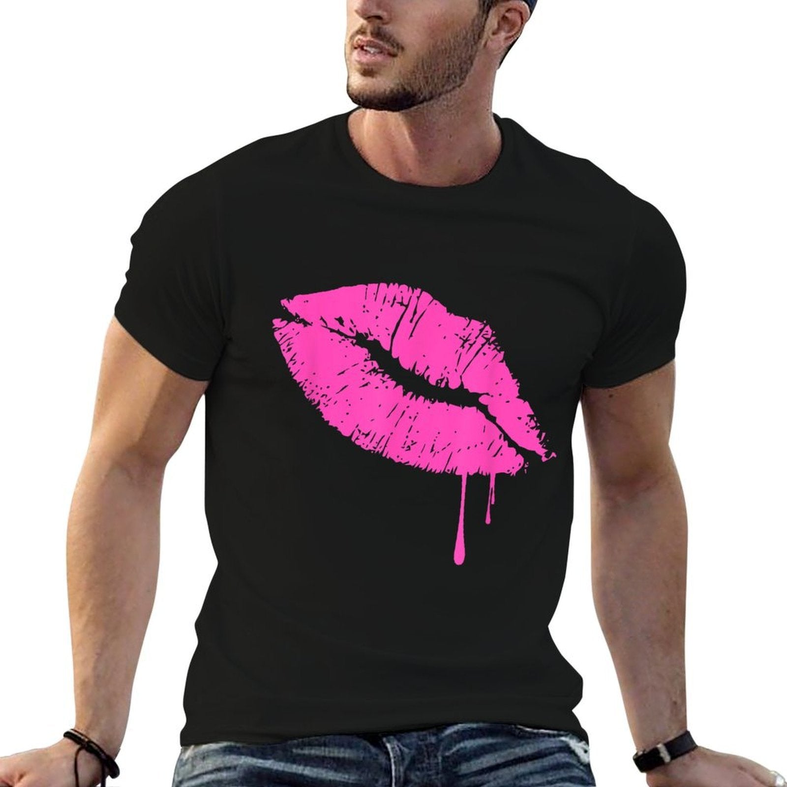 Hot Pink Lips Neon T-shirt 80s Kiss  Moisture-wicking T-Shirt