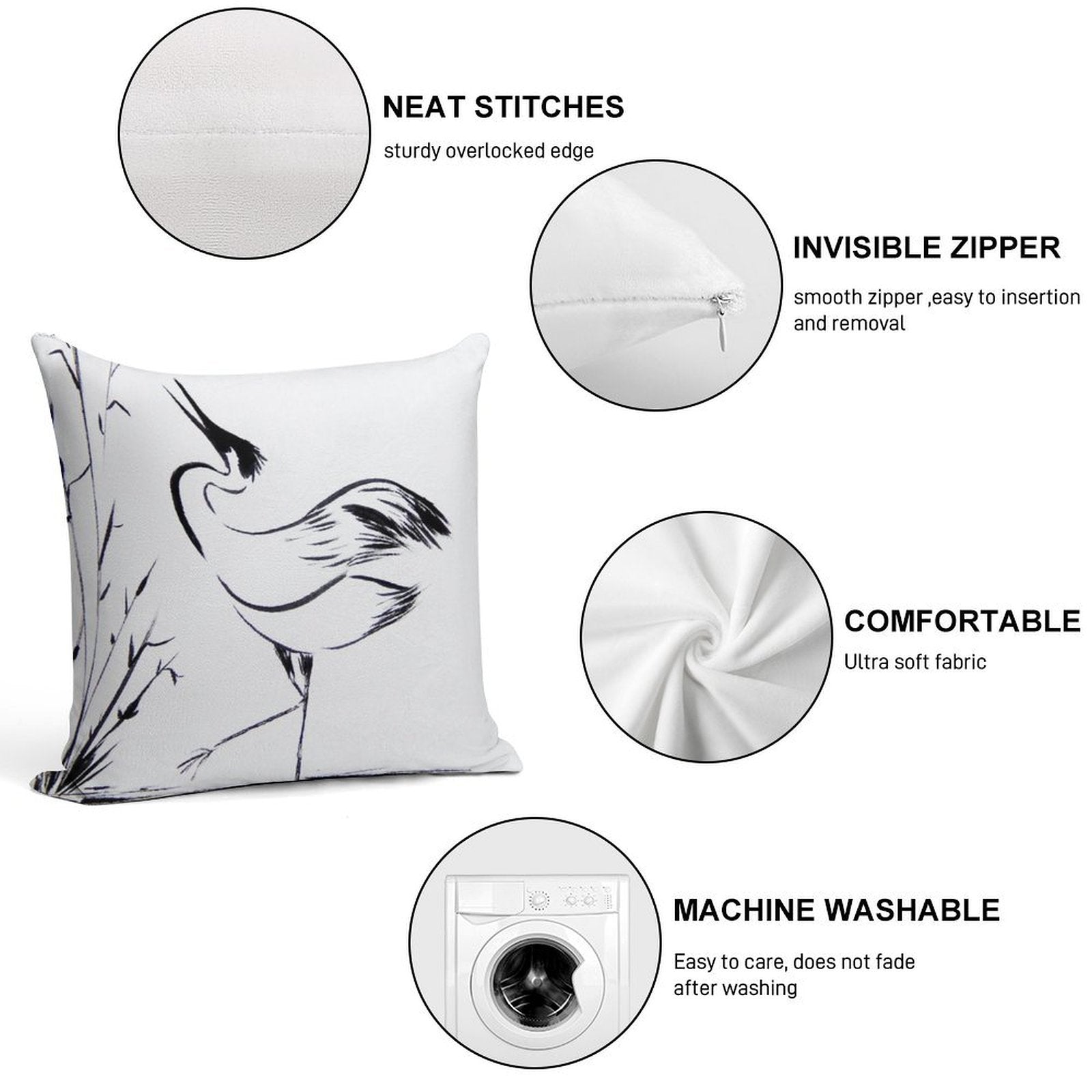 Crane in Water Looking Up  Minimalist Line Drawing  Cranes Zen Art Soft Decorative Cover Throw Pillow