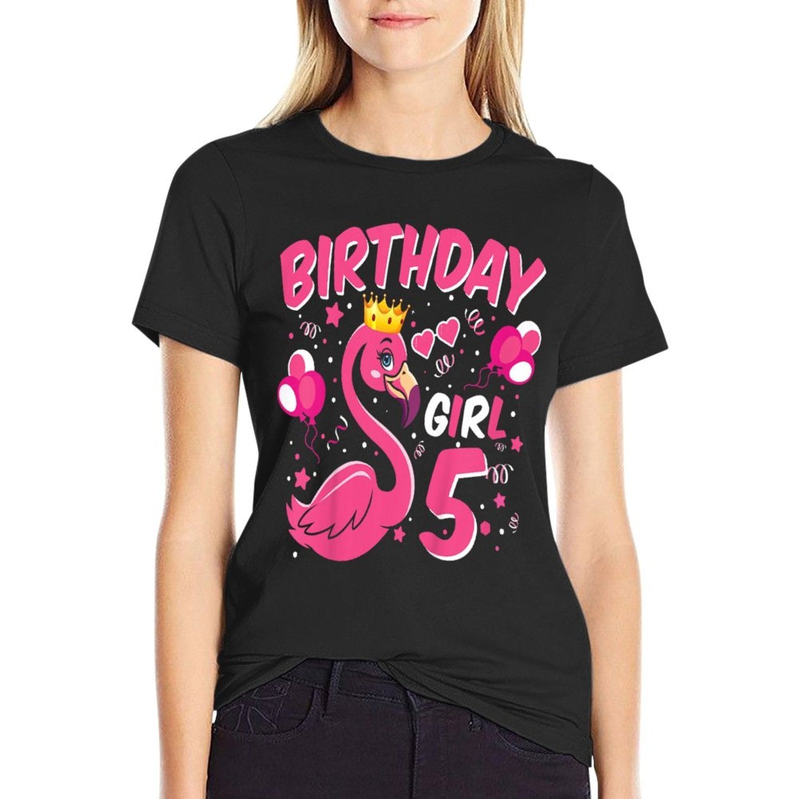 Kids 5th Birthday Gift Flamingo Fan 5 Year Old Girls 5th Bday  Trendy Pattern T-Shirt