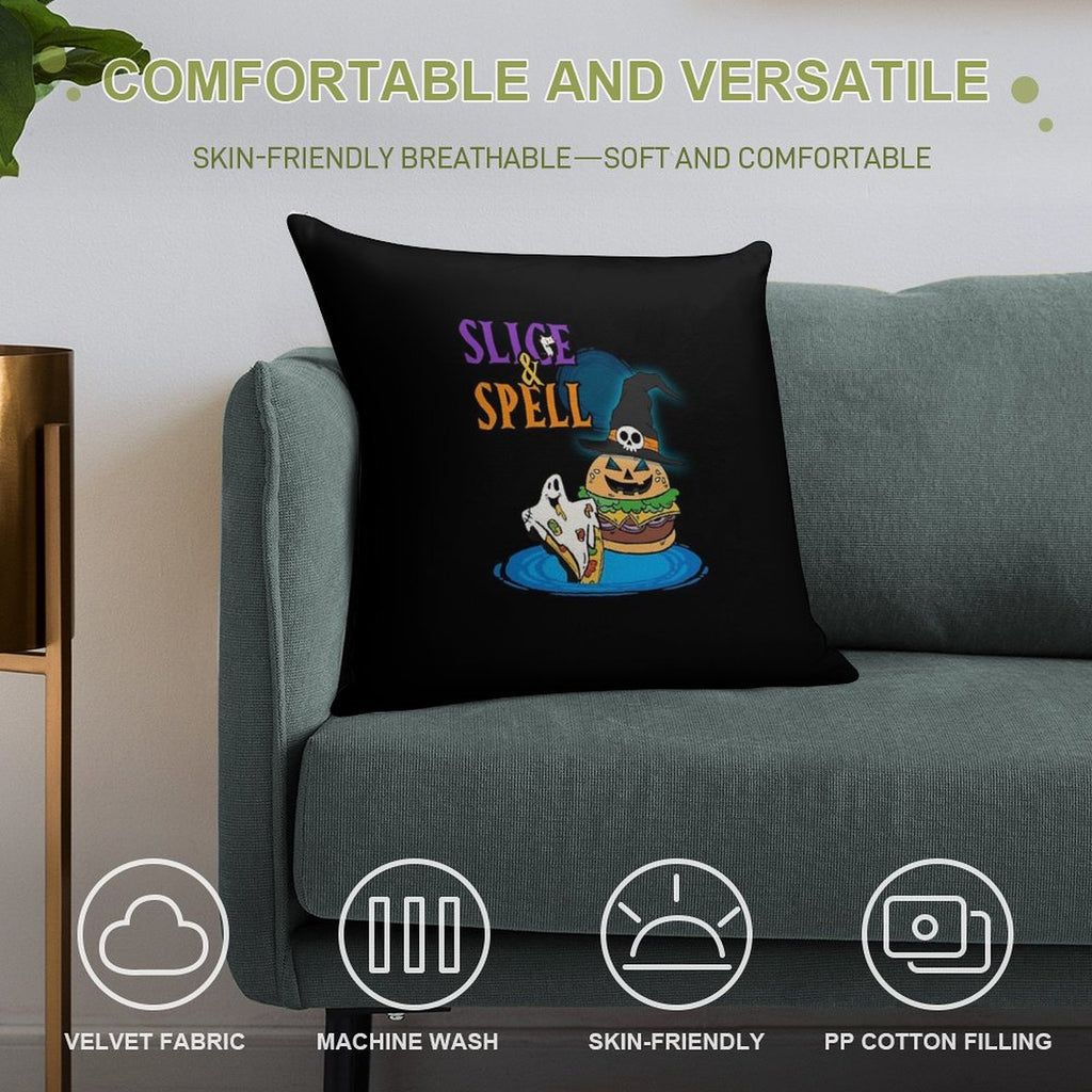 Slice And Spell Halloween Burger Pizza Shirt Soft Fade-Resistant Throw Pillow