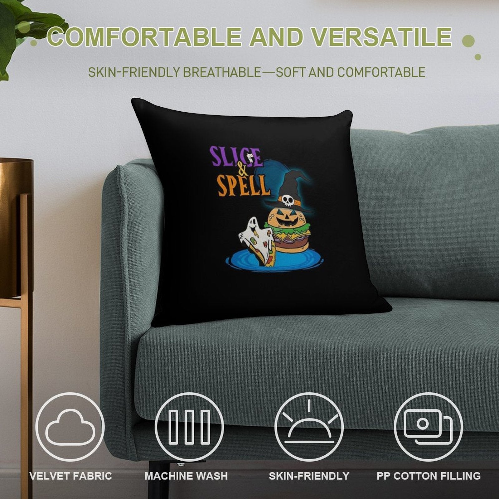 Slice And Spell Halloween Burger Pizza Shirt Soft Fade-Resistant Throw Pillow