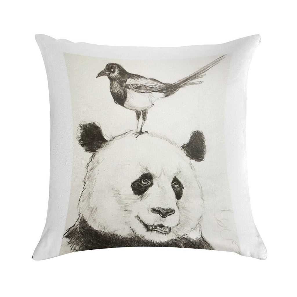 Panda And The Magpie Soft Shrink-Resistant Throw Pillow