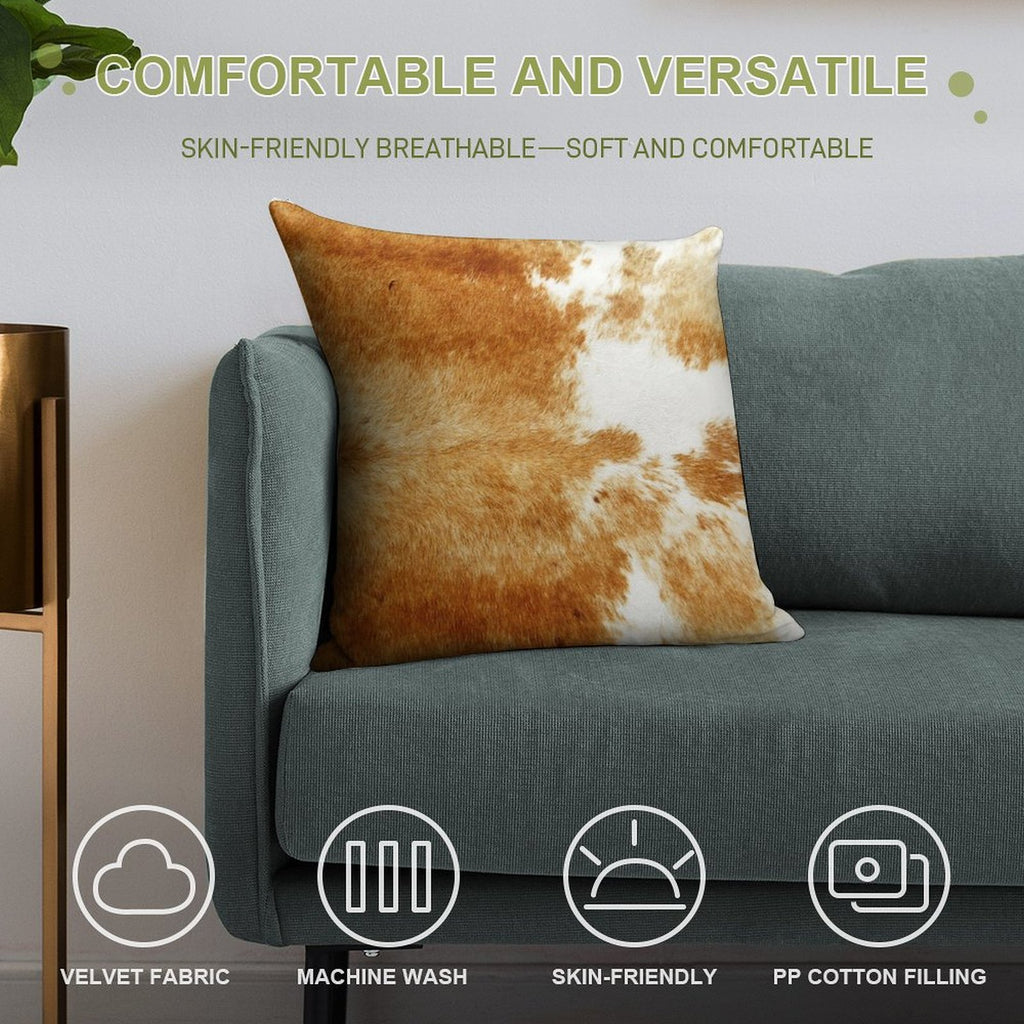 Golden Brown Cow Hide Soft Hidden Zipper Throw Pillow