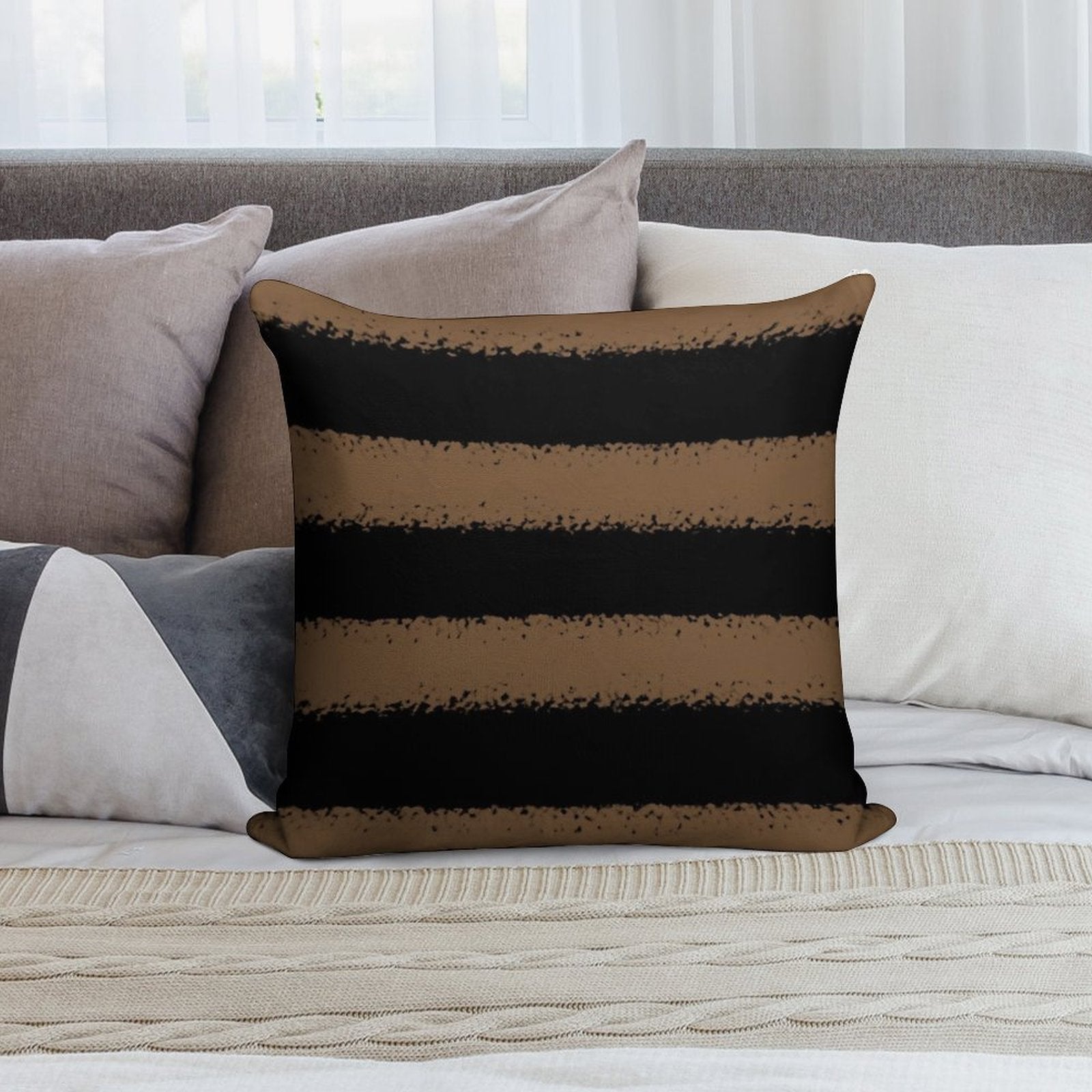 Brown And Black Horizontal Stripe Pattern Coordinates W Sherwin Williams 2022 Popular Color Uber Umber SW 9107 Soft Fade-Resistant Throw Pillow