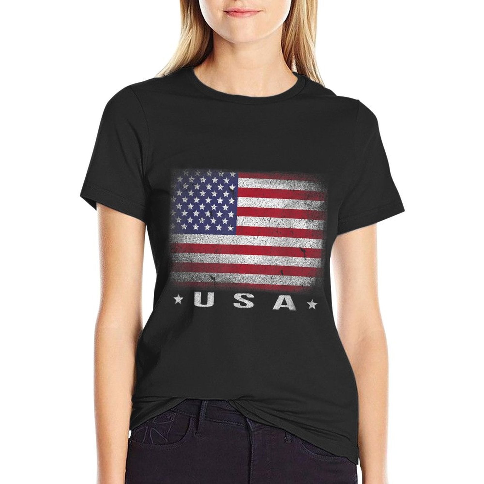 American Flag USA July 4th White Blue Red Faded Stripe Star  Polyester Blend T-Shirt