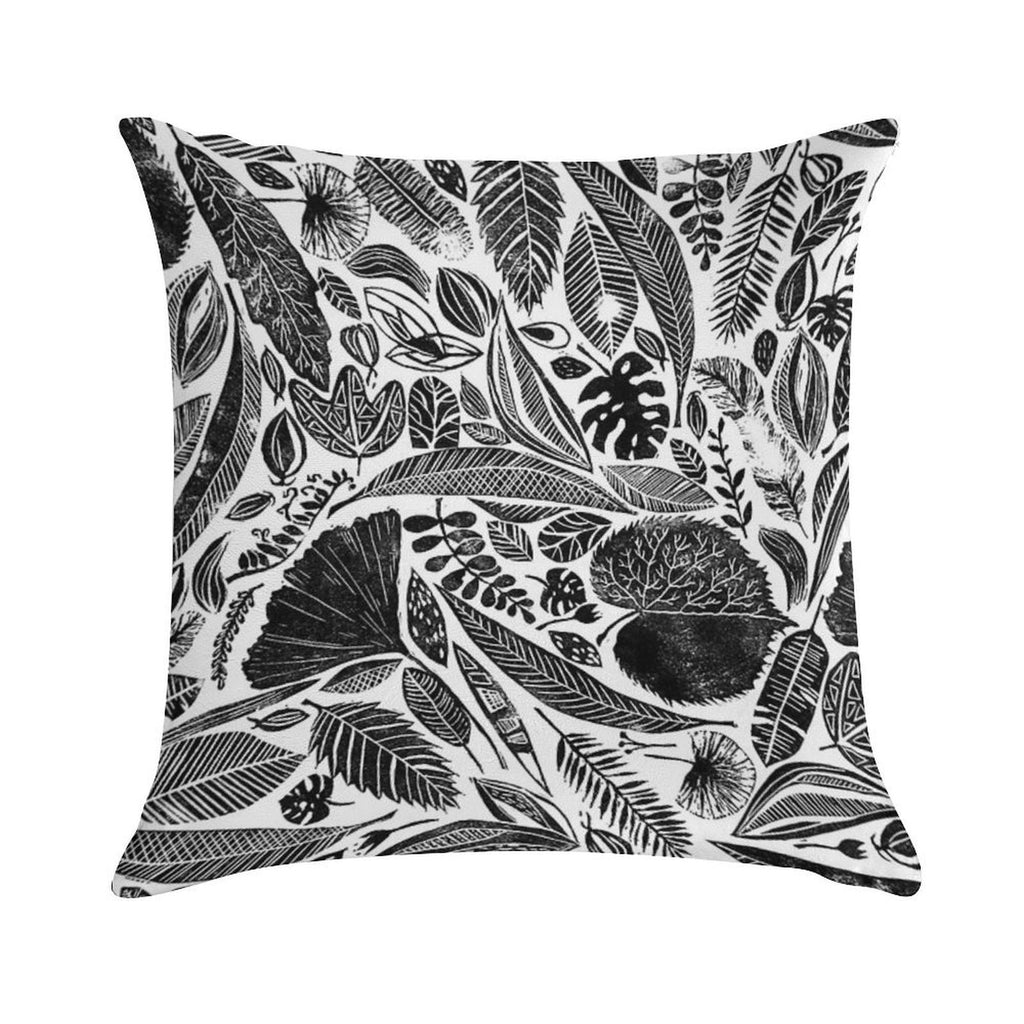 Mixed Leaves, Lino Cut Printed Nature Inspired Hand Printed Pattern Soft Washable Throw Pillow