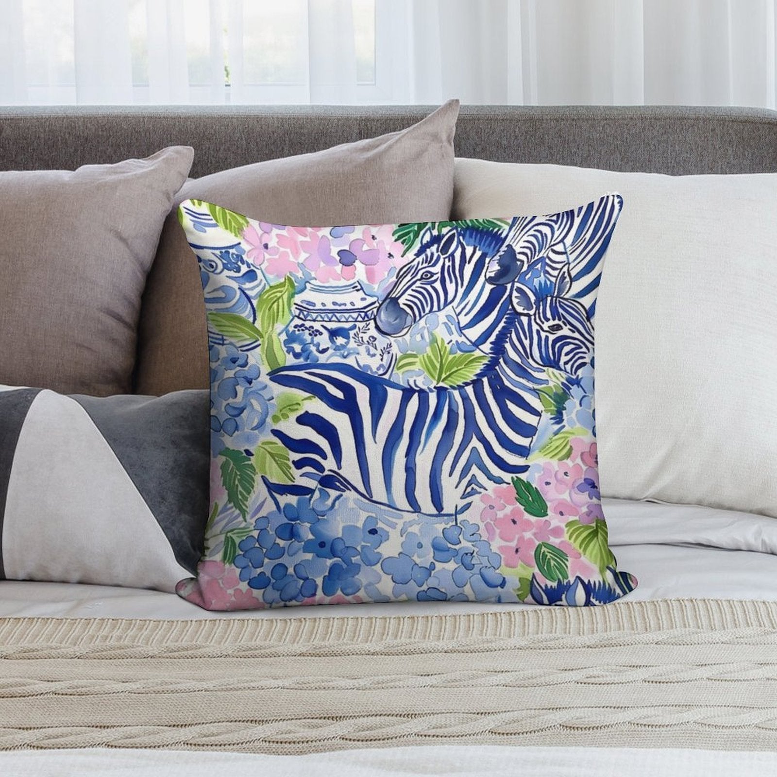 Hydrangea in Chinoiserie Jars And Blue Zebras Soft Ultra-Soft Texture Throw Pillow