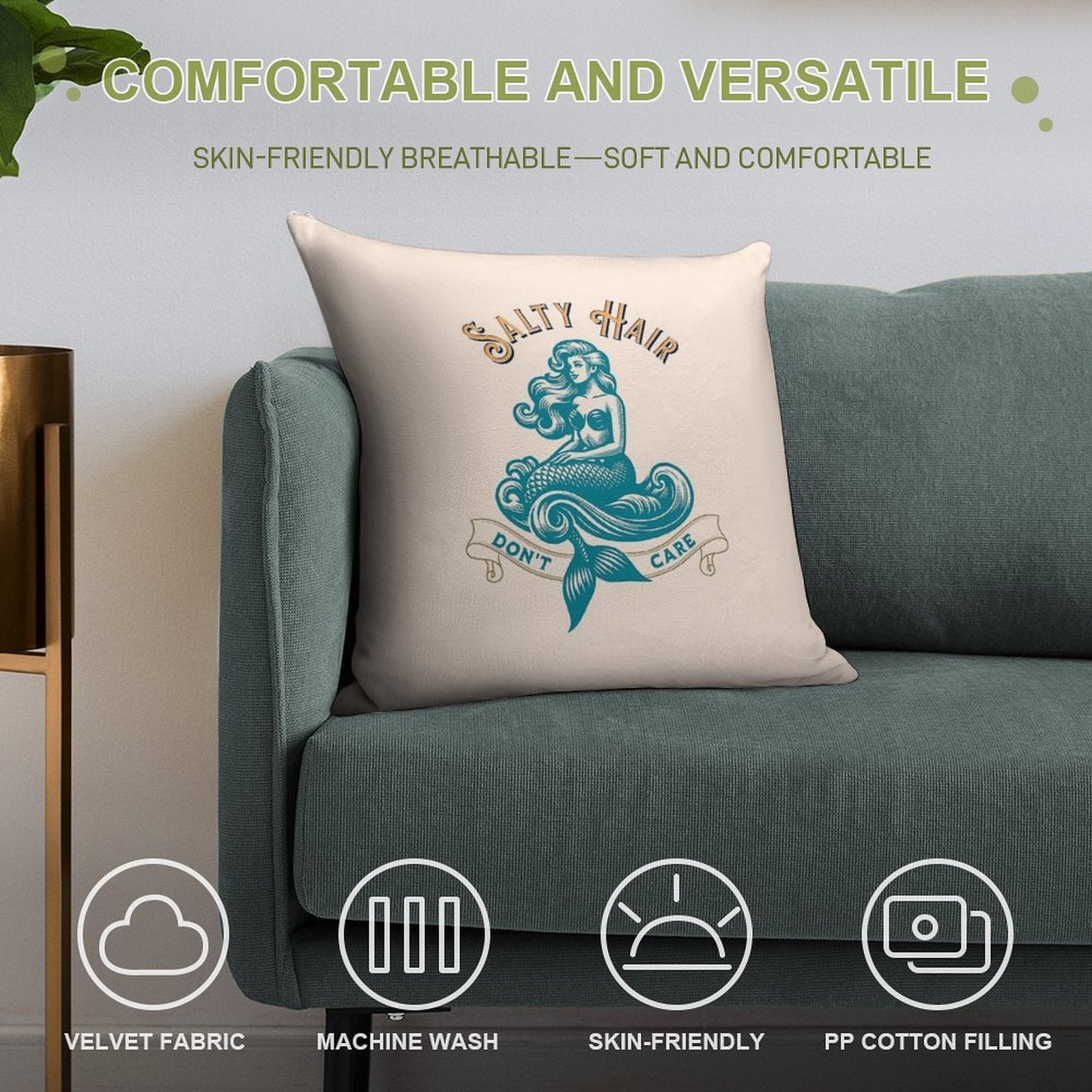 Salty Hair. Don’t Care. Mermaid Summer Design Soft High-Density Material Throw Pillow