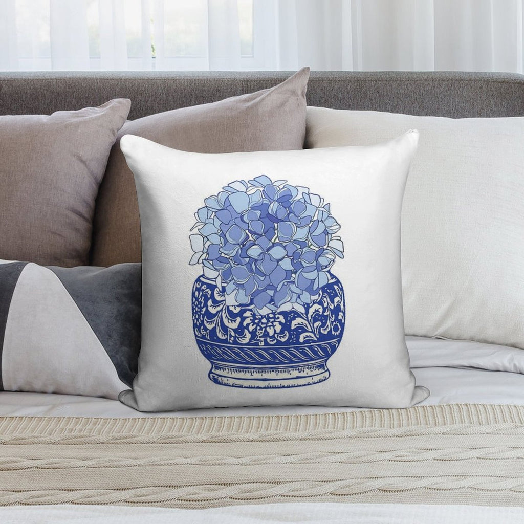 Blue And White Vase with Blue Hydrangeas Soft Hidden Zipper Throw Pillow