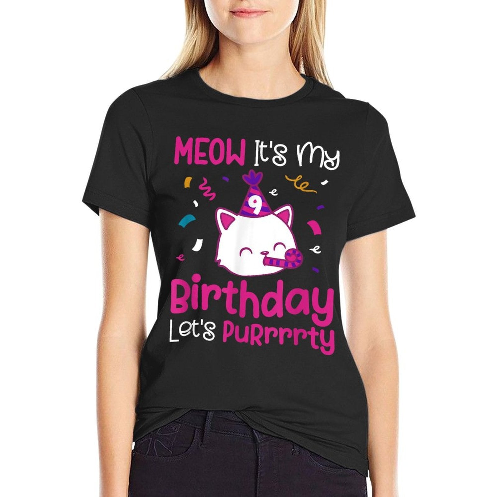 9th Cat Birthday Party Nine Year Old Girl Kitten Birthday  Polyester Blend T-Shirt