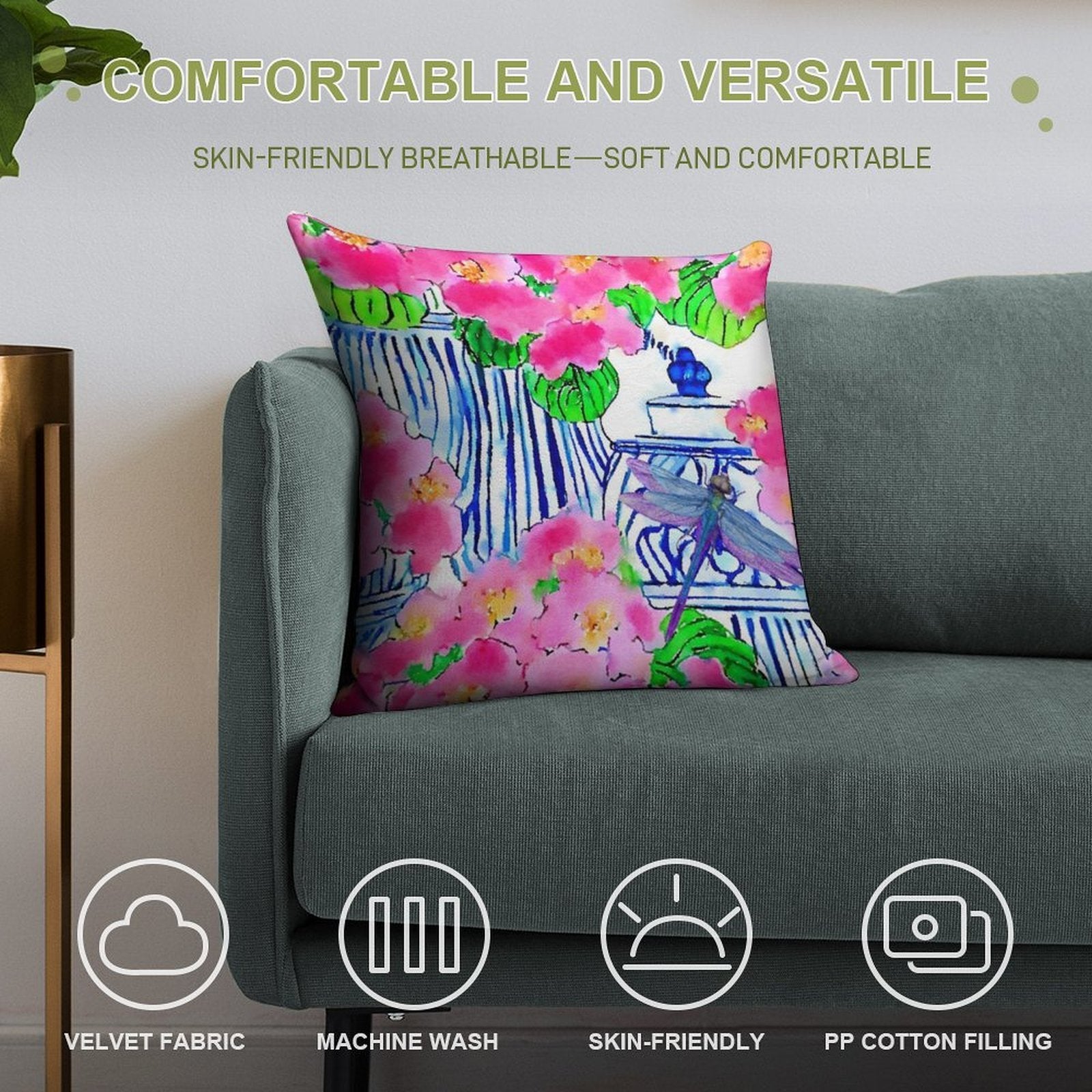 Dragonfly And Chinoiserie Jars with Pink Pansies Soft High-Density Material Throw Pillow