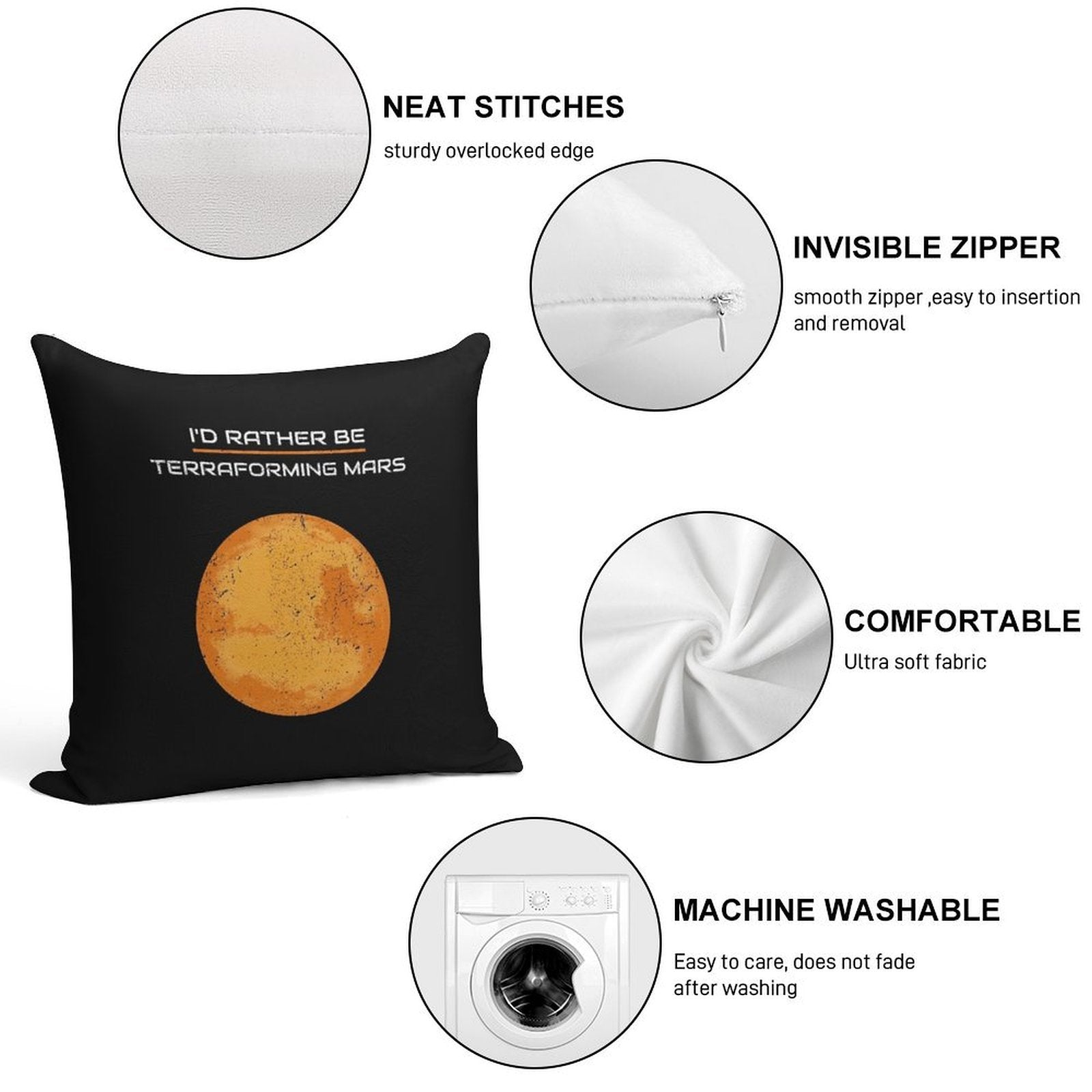 I'D RATHER BE TERRAFORMING MARS Soft Hidden Zipper Throw Pillow