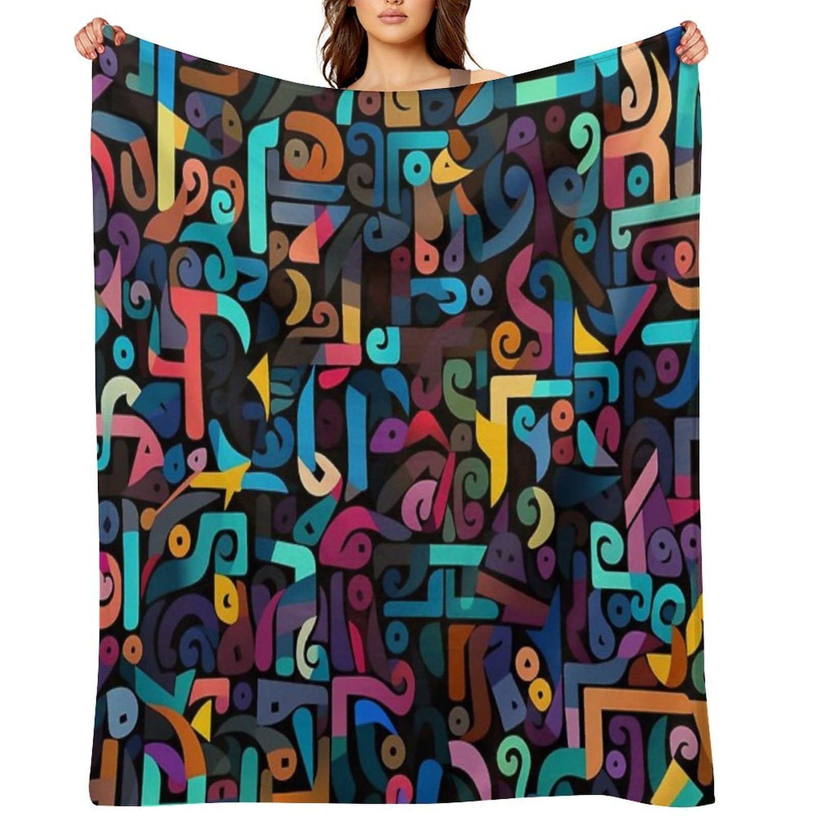 Colorful Fantasy Pattern Orange Yellow Green Red Turquoise Black Ornaments Easy Care Throw Blanket