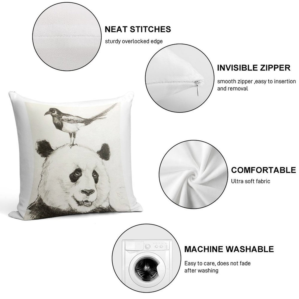 Panda And The Magpie Soft Shrink-Resistant Throw Pillow