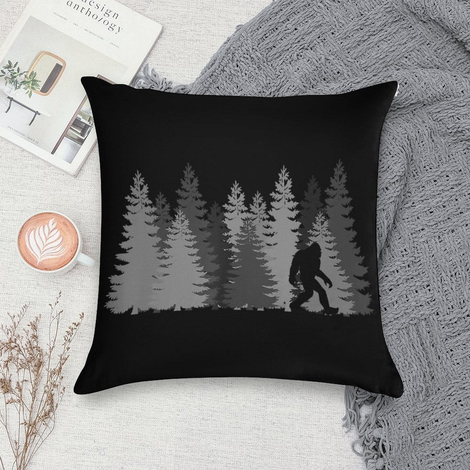 Bigfoot Silhouette In The Forest Wilderness Soft Decorative Cover Throw Pillow