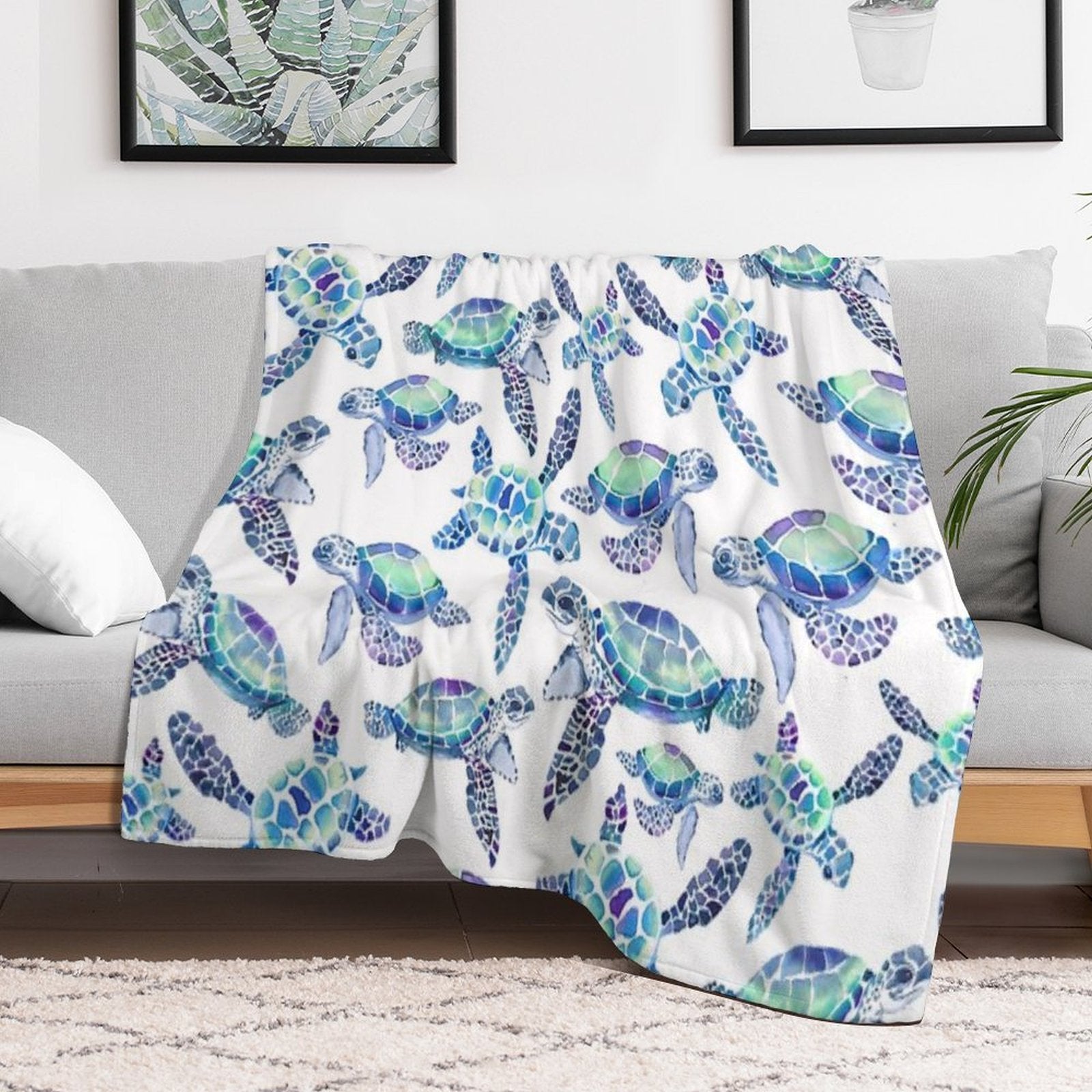 Turtles in Aqua And Blue Machine-washable Throw Blanket