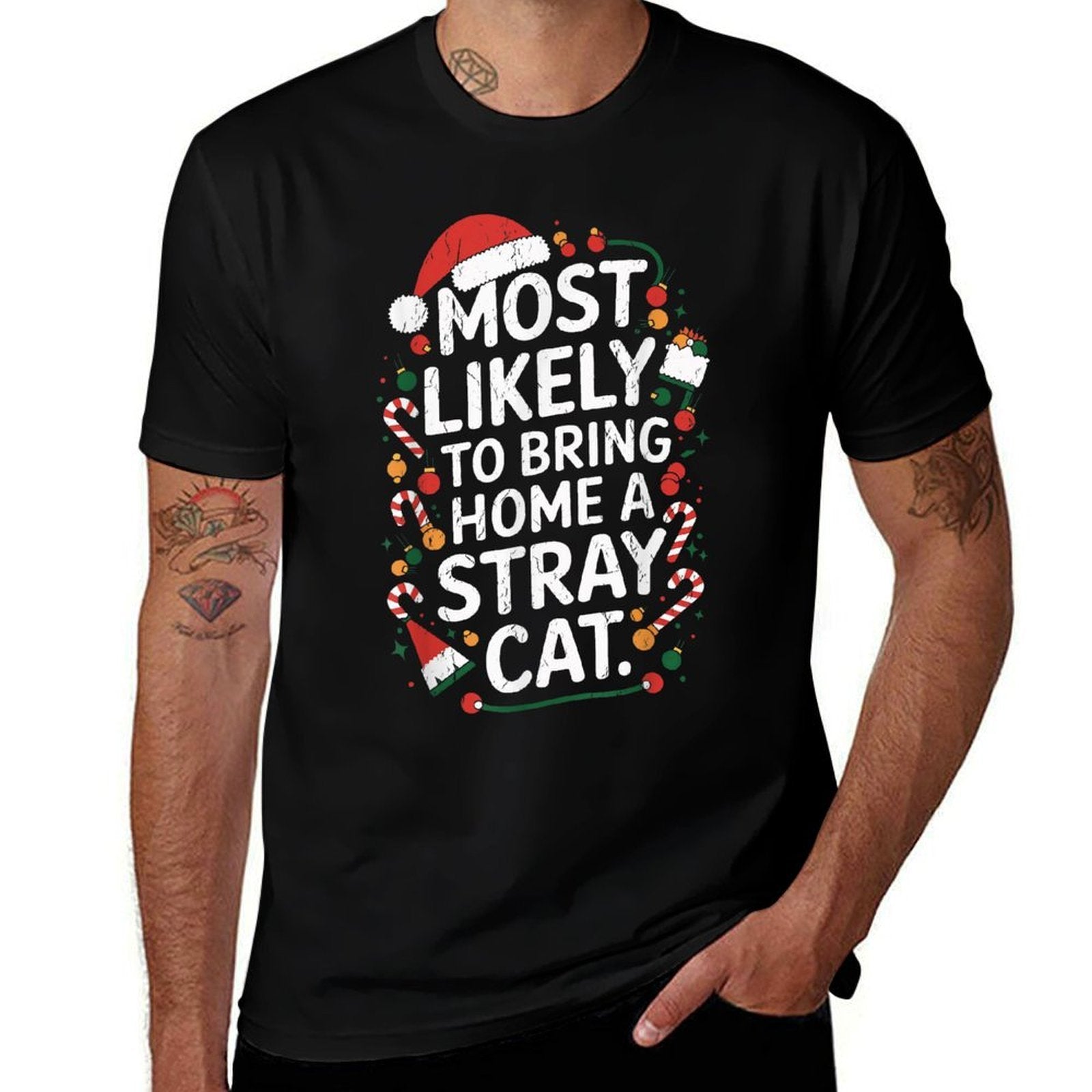 Funny Most Likely To Bring Home A Stray Cat Lady Christmas  Vintage-inspired T-Shirt