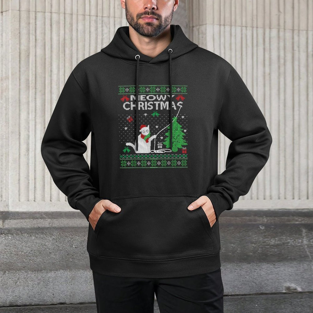 Funny Meowy Christmas Cats Xmas Cute Cat Lover Ugly Sweater Easy Care Hoodie