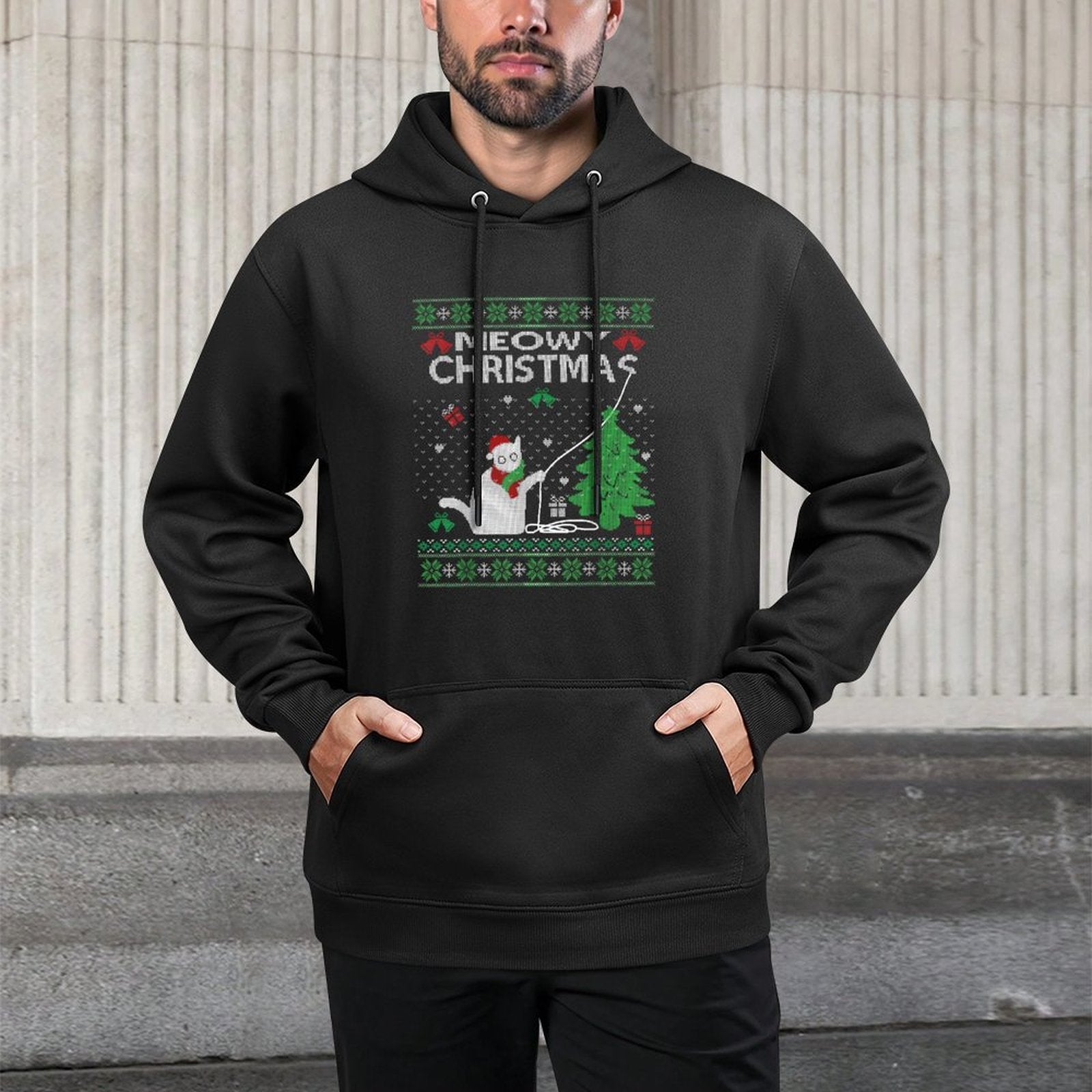 Funny Meowy Christmas Cats Xmas Cute Cat Lover Ugly Sweater Easy Care Hoodie