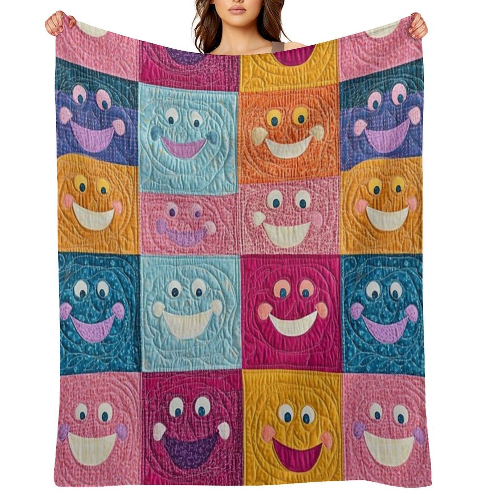 Colorful Smiling Faces Patchwork Pattern – Fun & Cheerful Design Versatility Throw Blanket