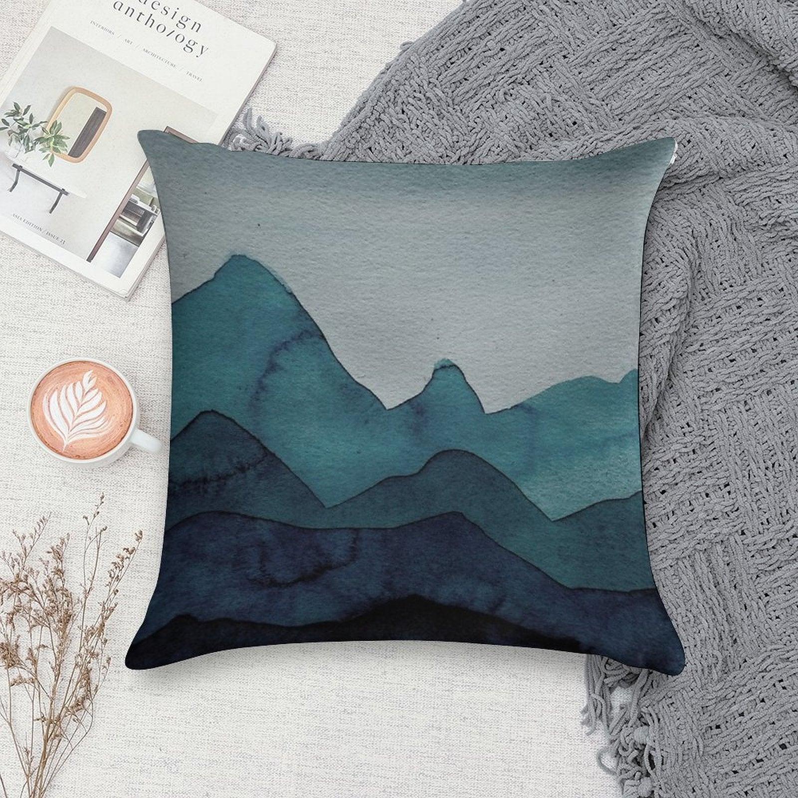Mountains in Petrol, Blue, Turquoise, Green, Azure, Gray, Black Soft Style Accent Throw Pillow