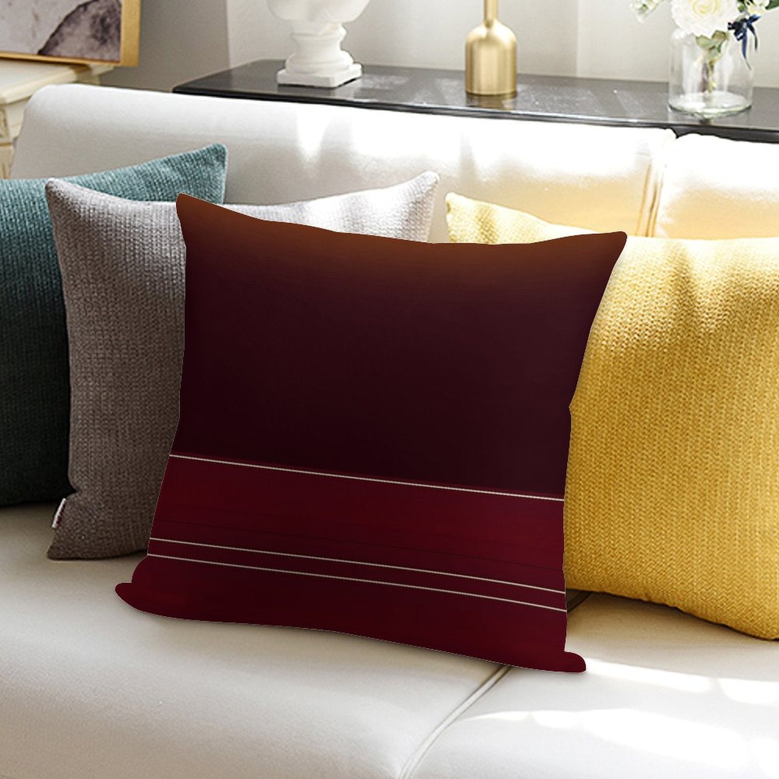 Rich Burgundy Ombre Wine with Gold Stripes Soft Reinforced Edging Throw Pillow