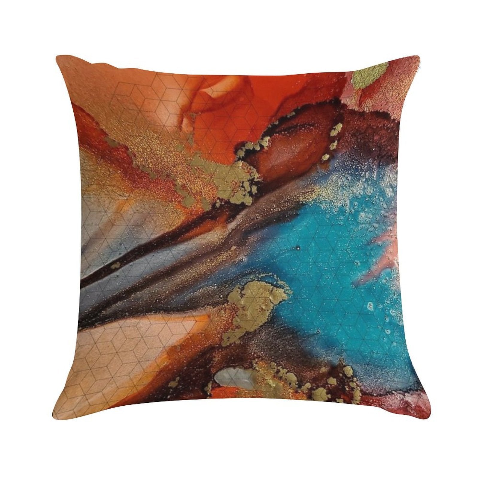 Rust, Aqua Blue, Brown & Gold Metallic  - Fluid Artist - Abstract Modern Art Alcohol Ink Painting Soft Easy Maintenance Throw Pillow