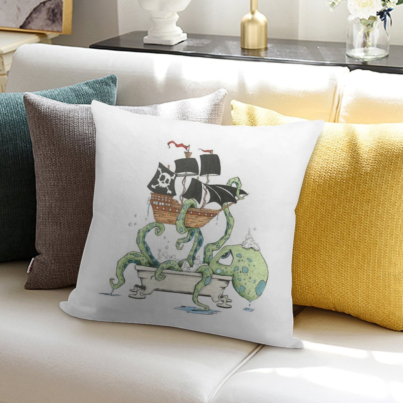 Kraken in The Tub Soft Durable Construction Throw Pillow