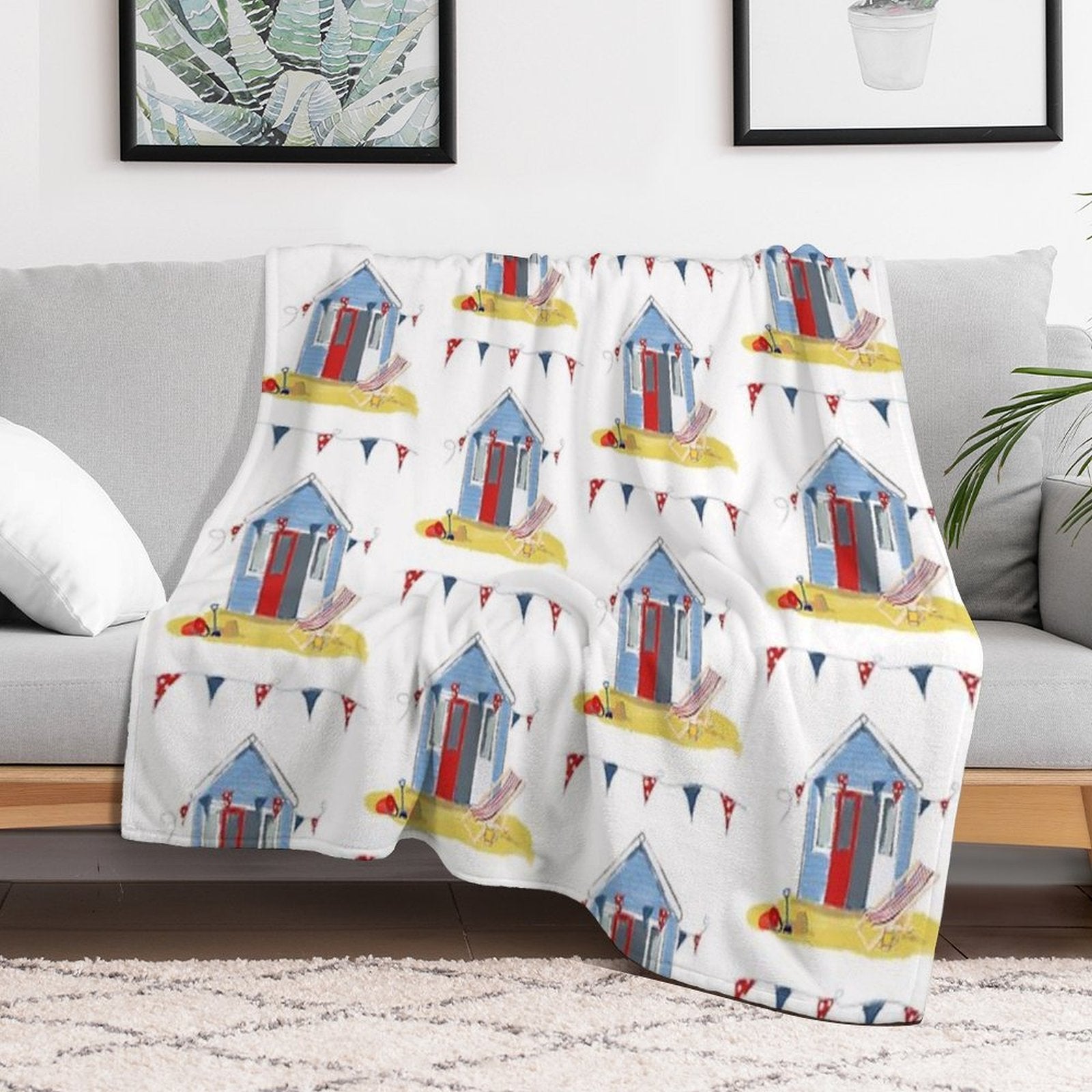 #Beach Hut Seaside Easy Care Throw Blanket