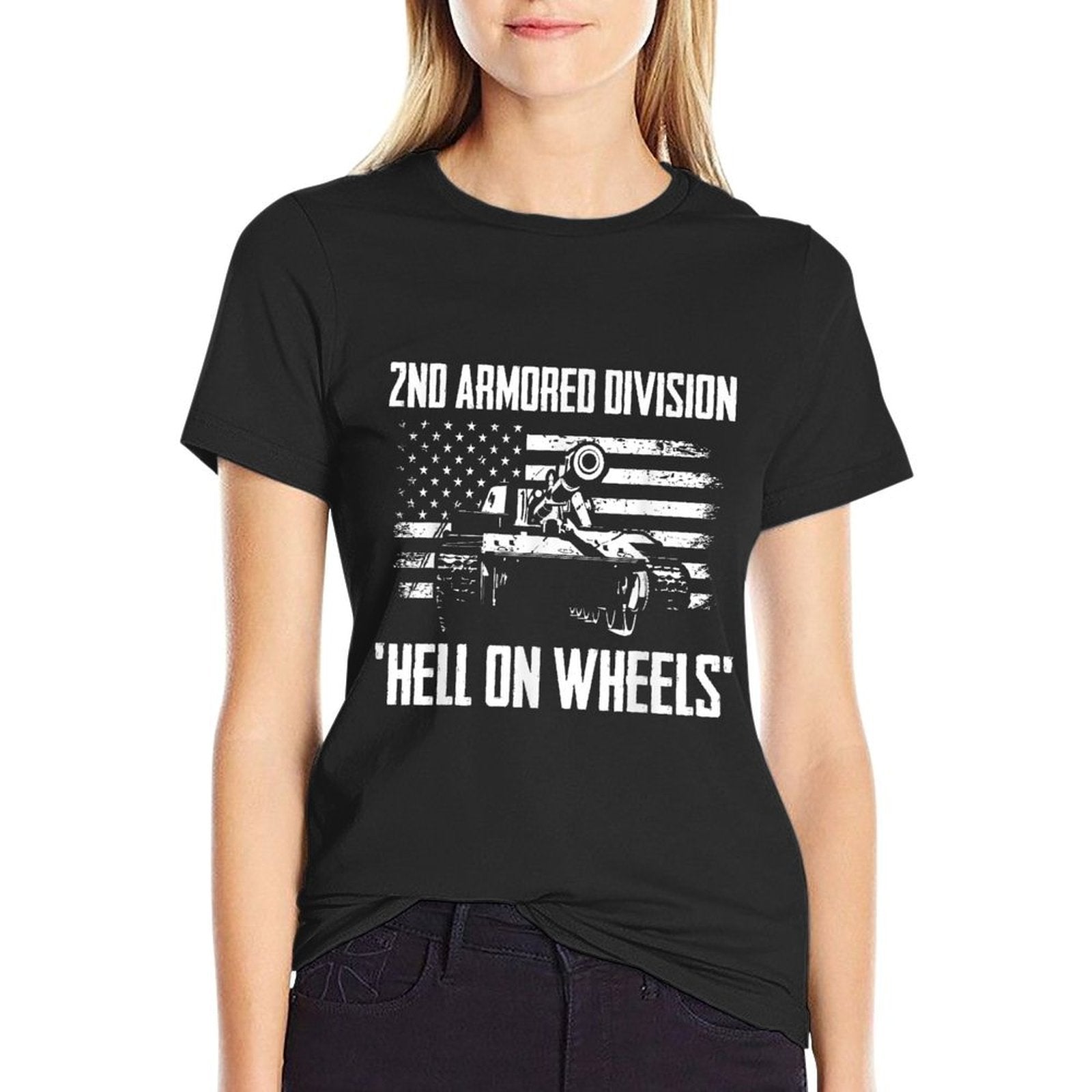 US Army Armor Branch 2nd Armored Division Hell On Wheels - Men's Black Classic Fit Crew Neck - Small  Ribbed Collar T-Shirt