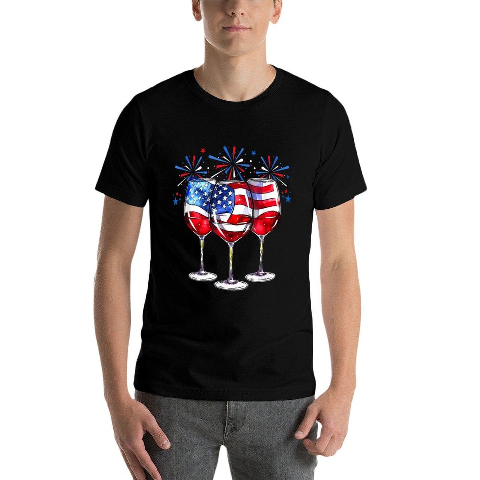4th Of July Wine Glasses Patriotic Red White Blue USA  Cotton T-Shirt